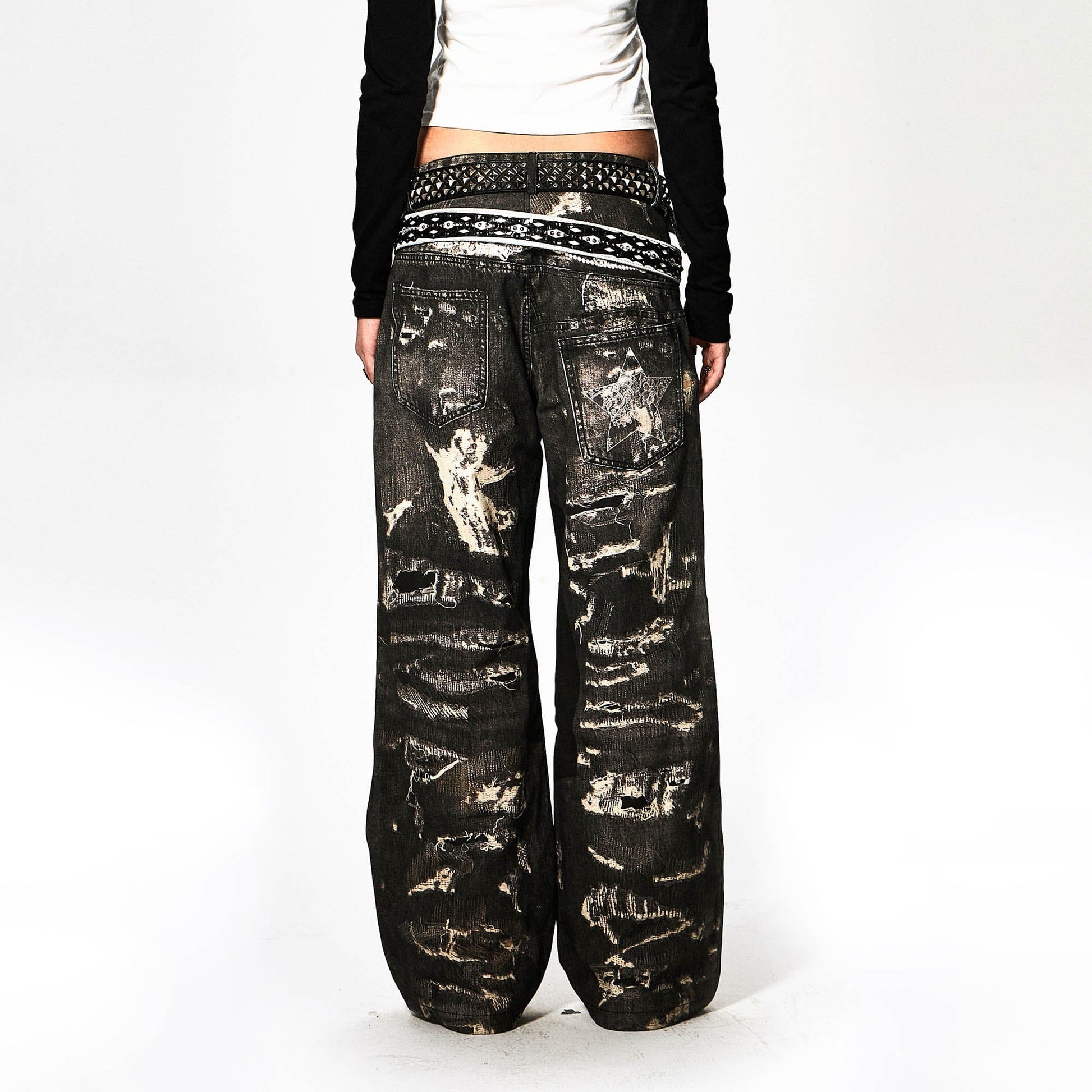 DND4DES×Faychui Deconstructed Graphic Double-Waist Distressed Jeans-Jeans-S-Free Shipping Leatheretro