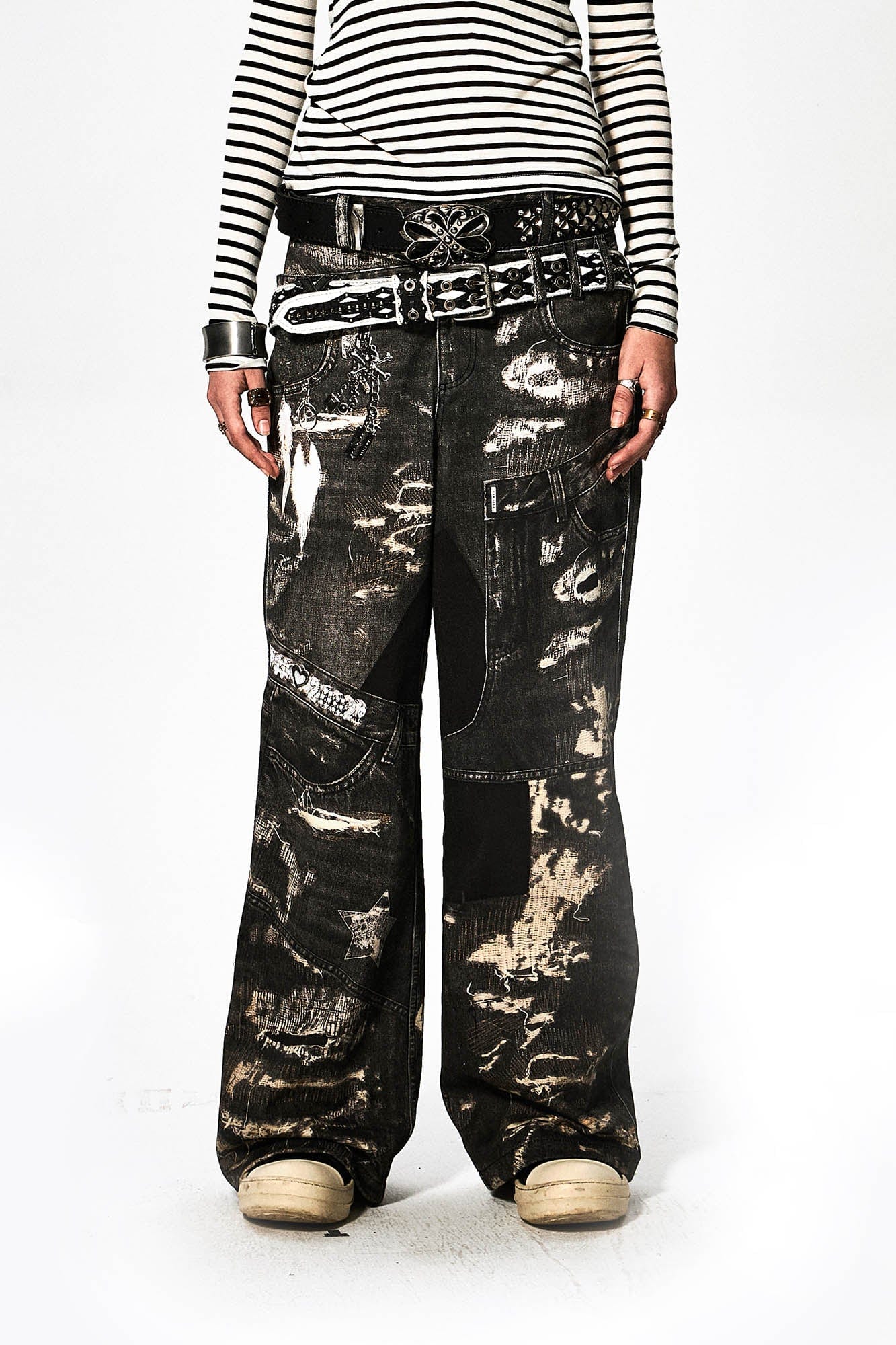 DND4DES×Faychui Deconstructed Graphic Double-Waist Distressed Jeans-Jeans-S-Free Shipping Leatheretro