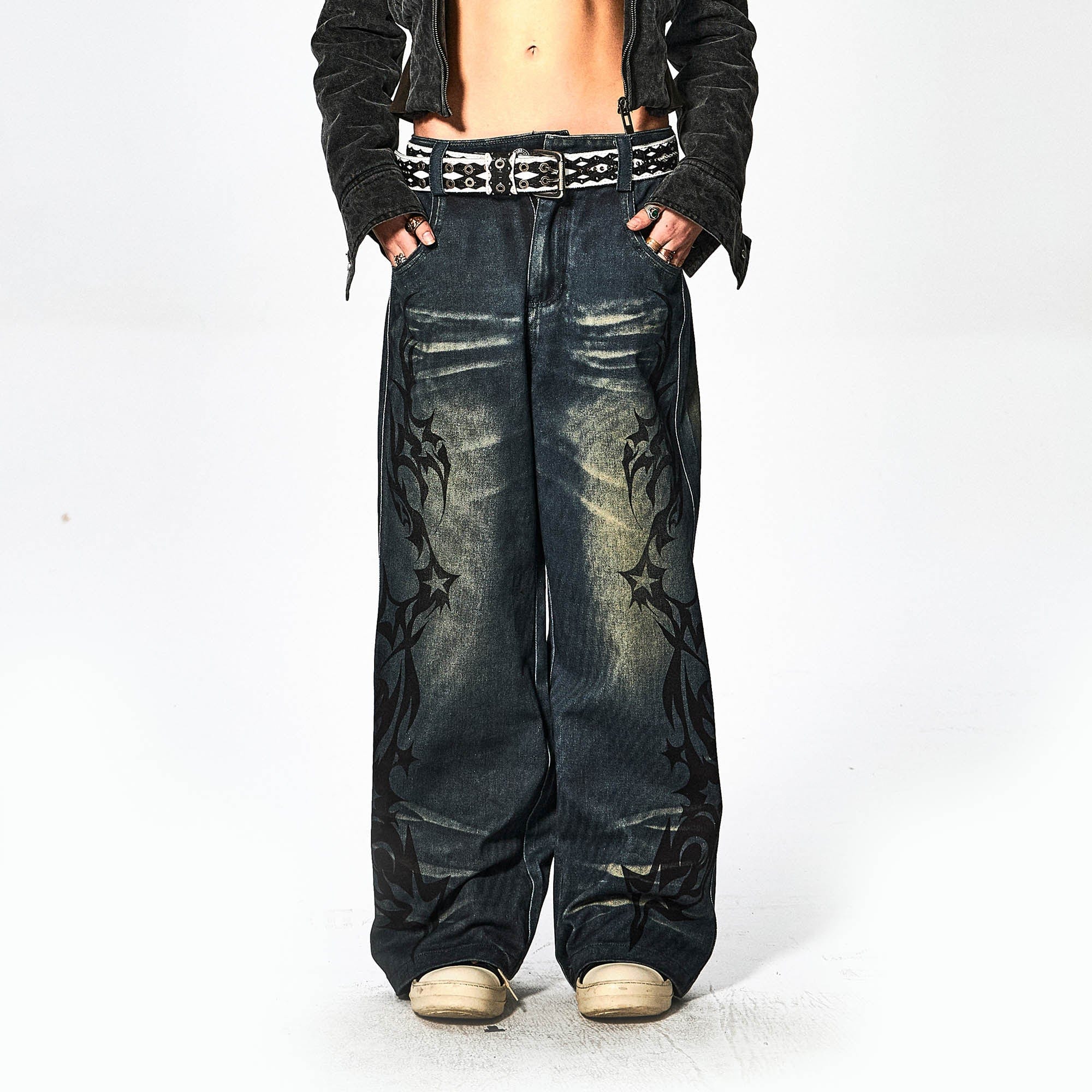 DND4DES×Faychui Acid Graphics Distressed Wide-Leg Jeans-Jeans-S-Free Shipping Leatheretro