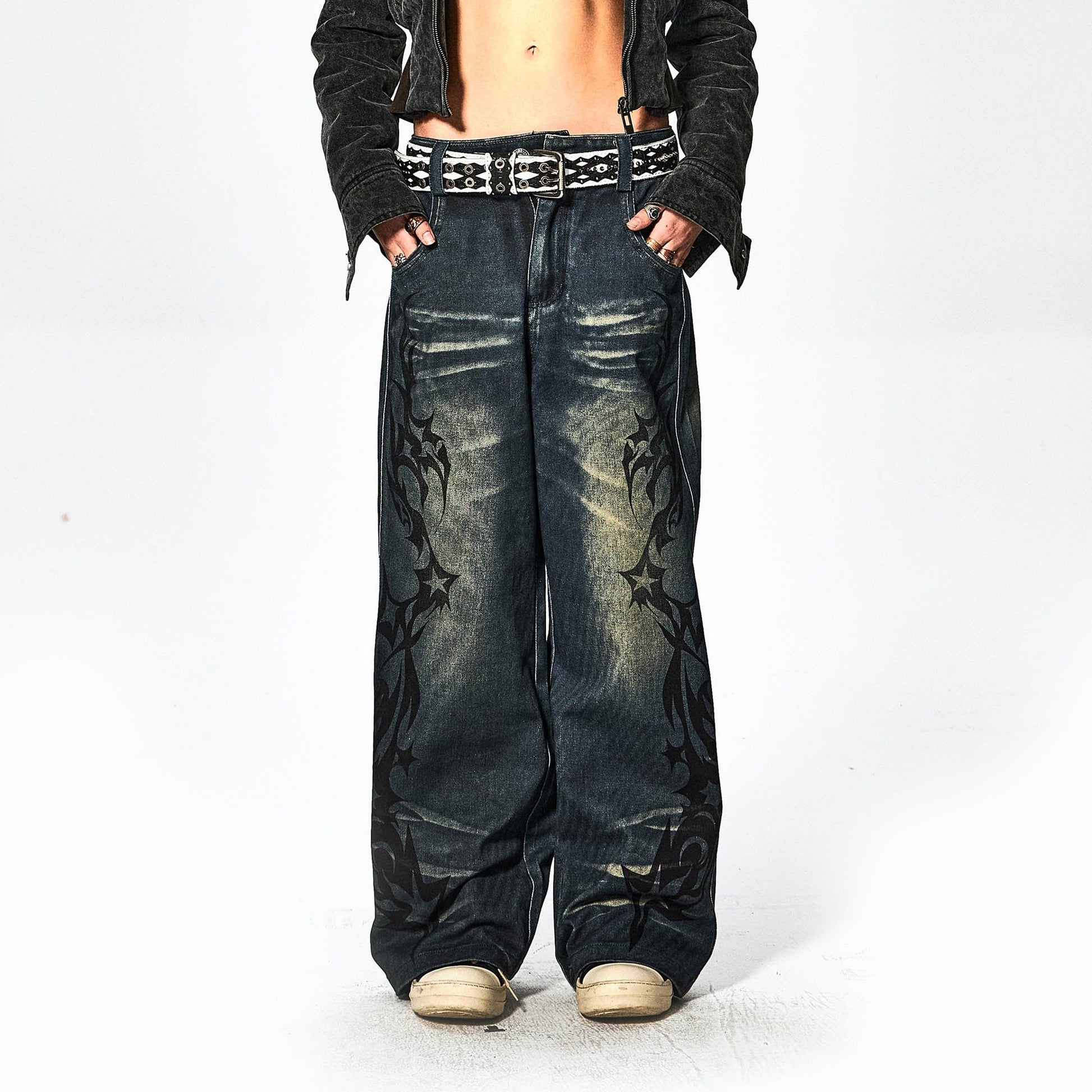 DND4DES×Faychui Acid Graphics Distressed Wide-Leg Jeans-Jeans-S-Free Shipping Leatheretro