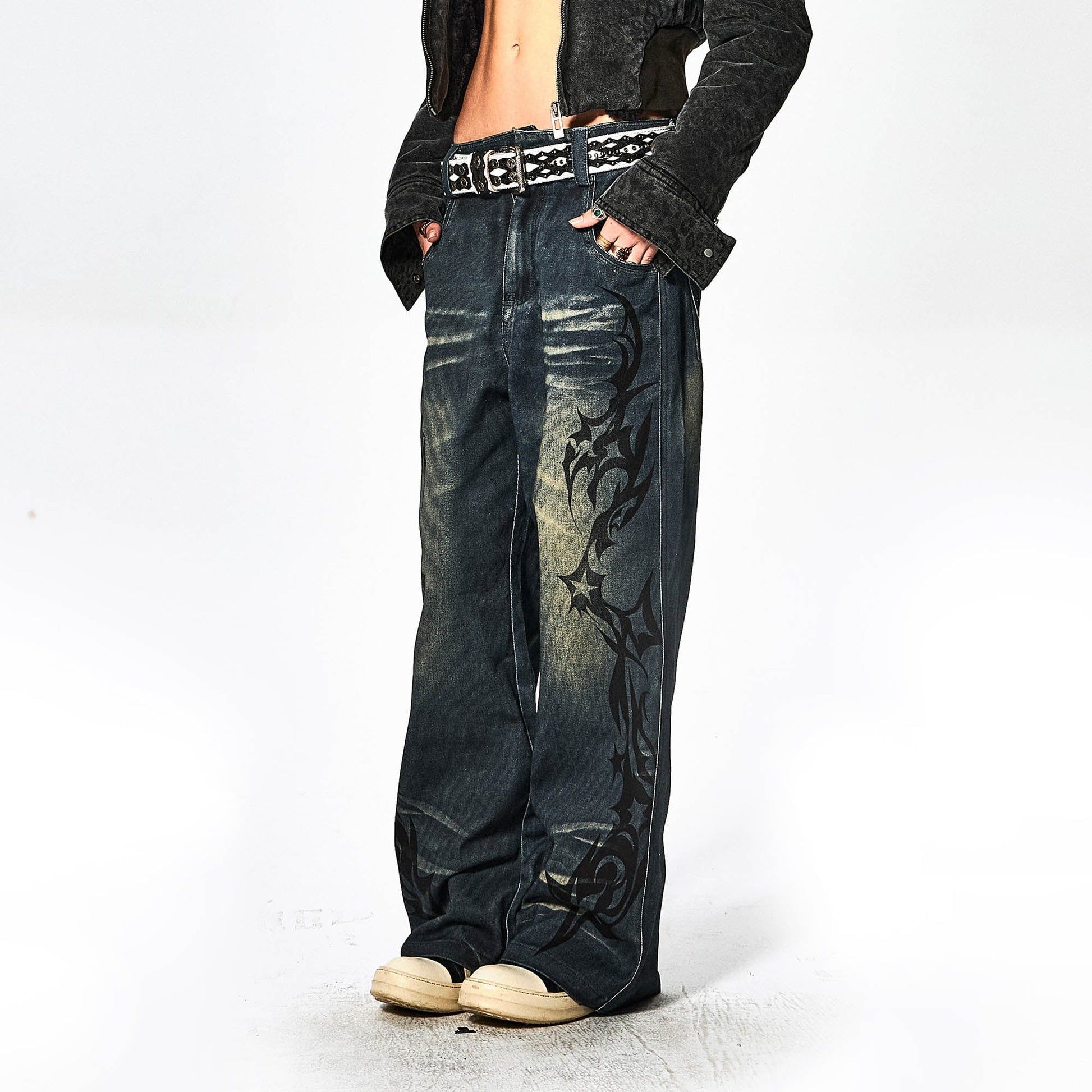 DND4DES×Faychui Acid Graphics Distressed Wide-Leg Jeans-Jeans-S-Free Shipping Leatheretro