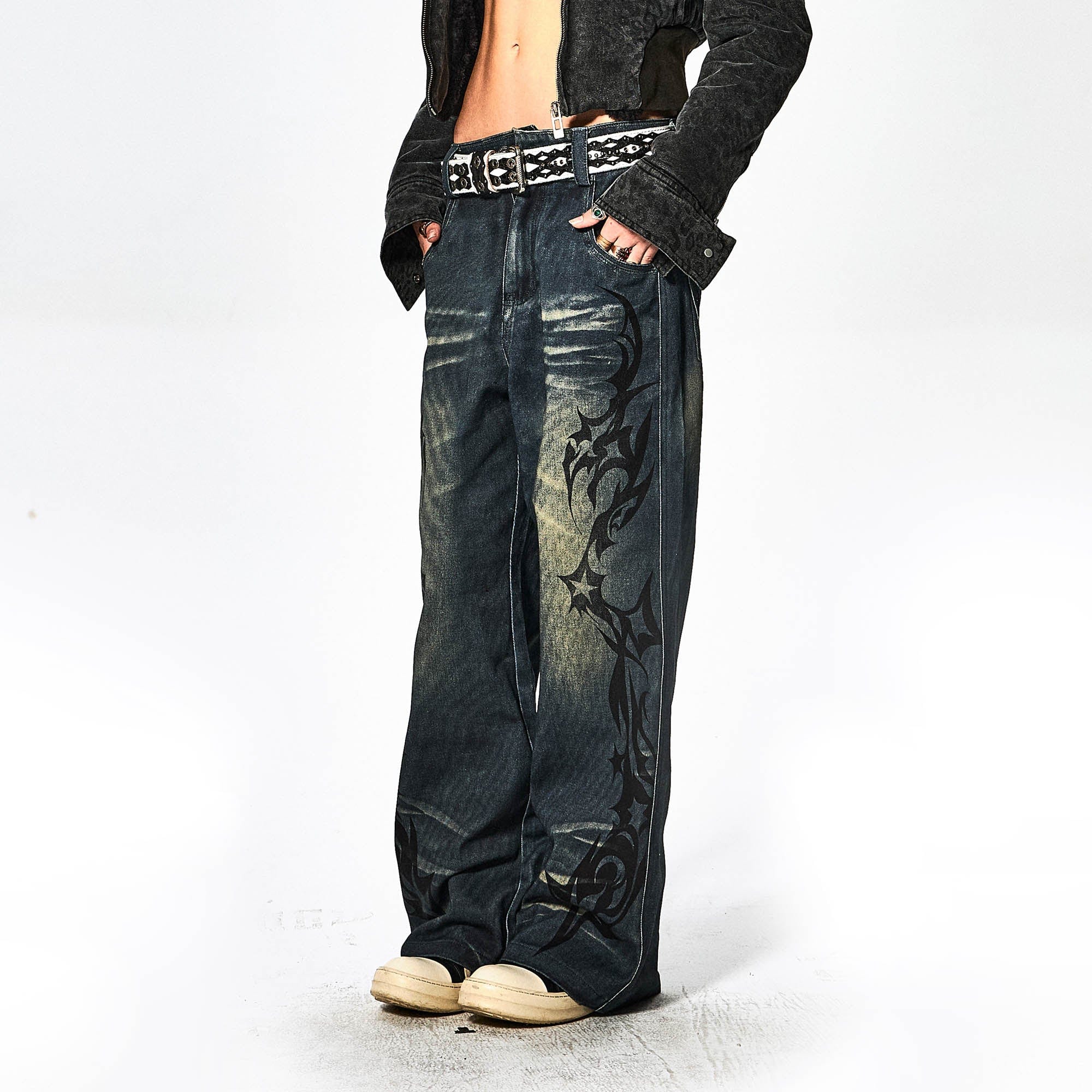 DND4DES×Faychui Acid Graphics Distressed Wide-Leg Jeans-Jeans-S-Free Shipping Leatheretro