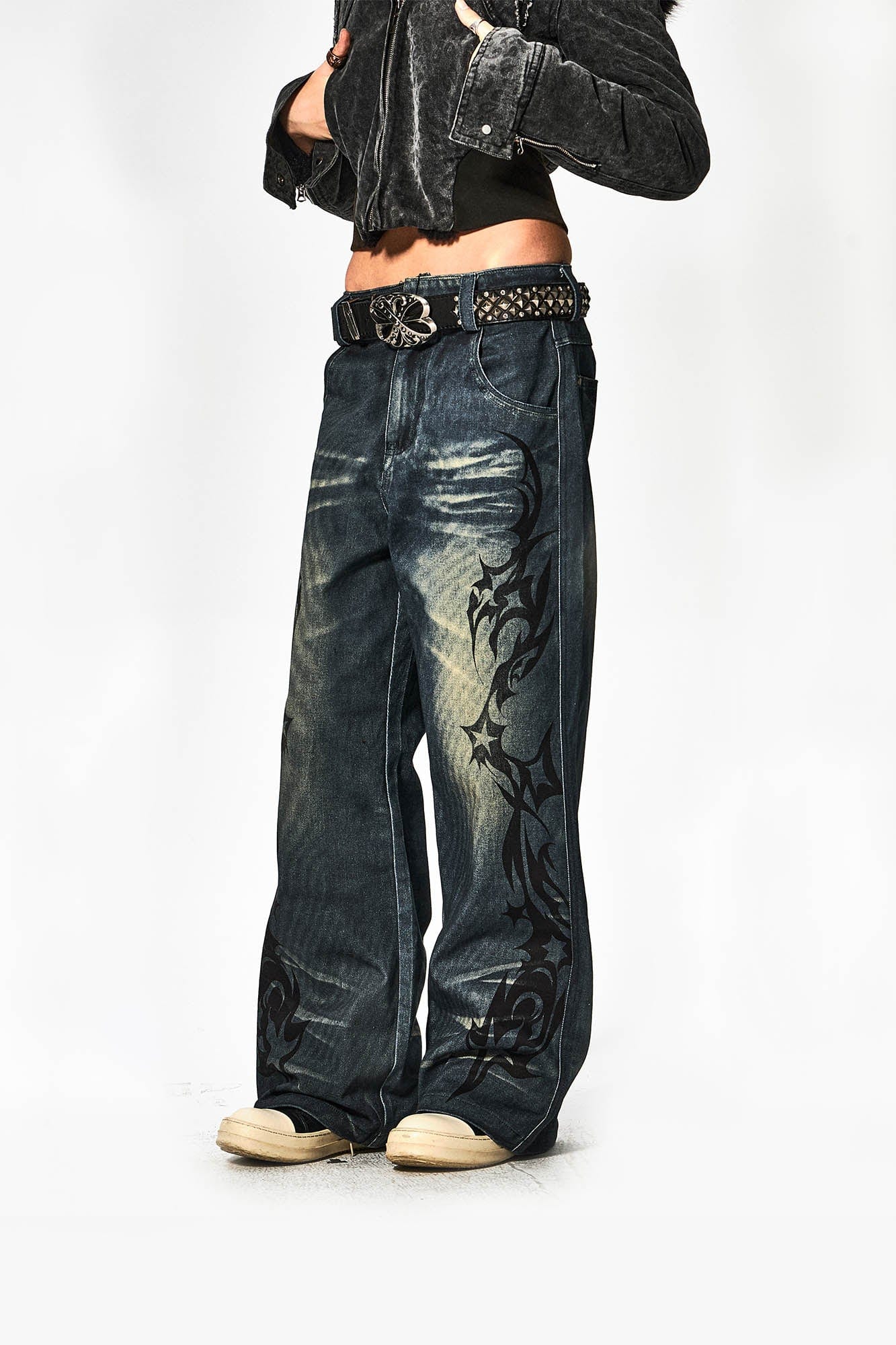 DND4DES×Faychui Acid Graphics Distressed Wide-Leg Jeans-Jeans-S-Free Shipping Leatheretro