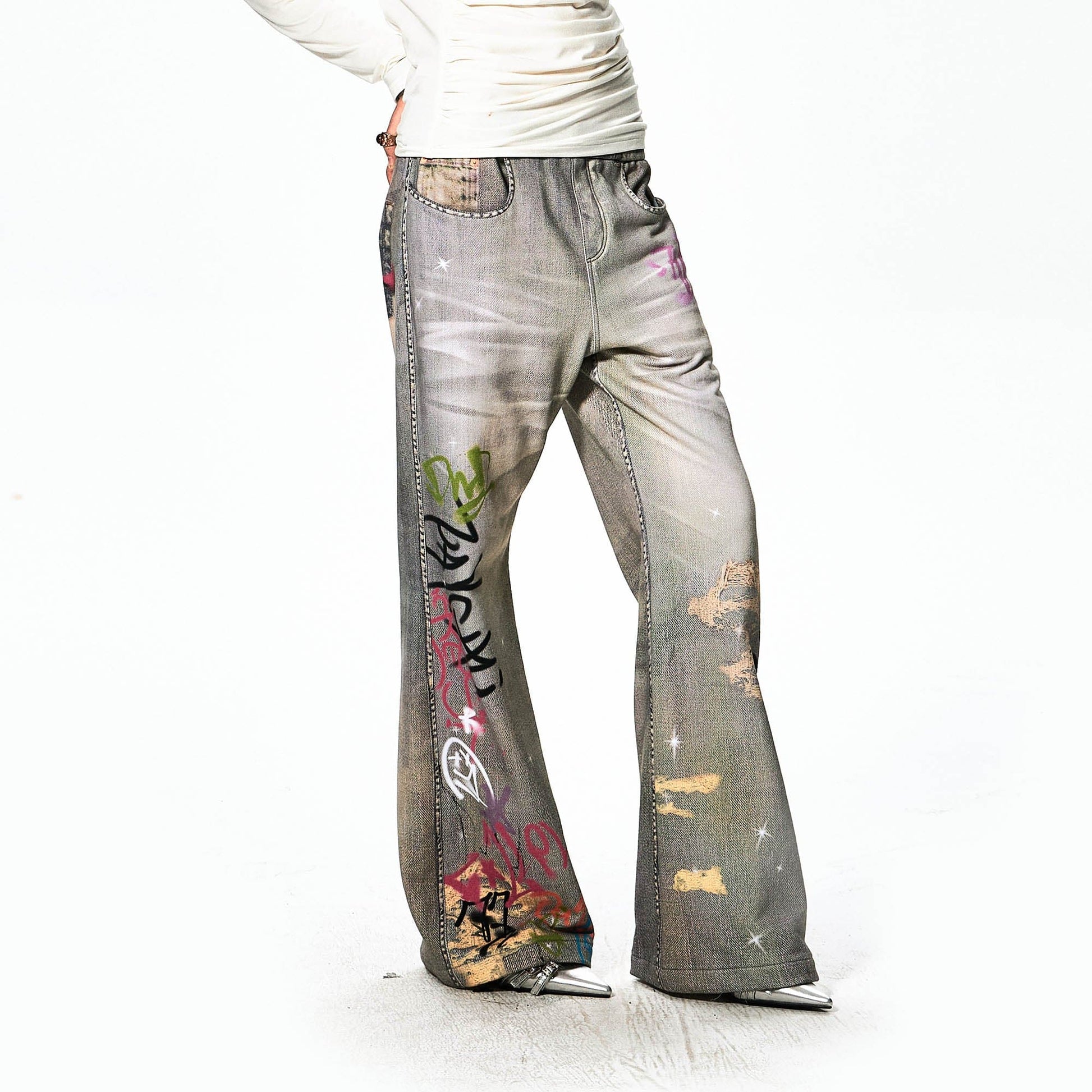 DND4DES×Faychui Distressed Graffiti Flared Pants-Pants-S-Free Shipping Leatheretro