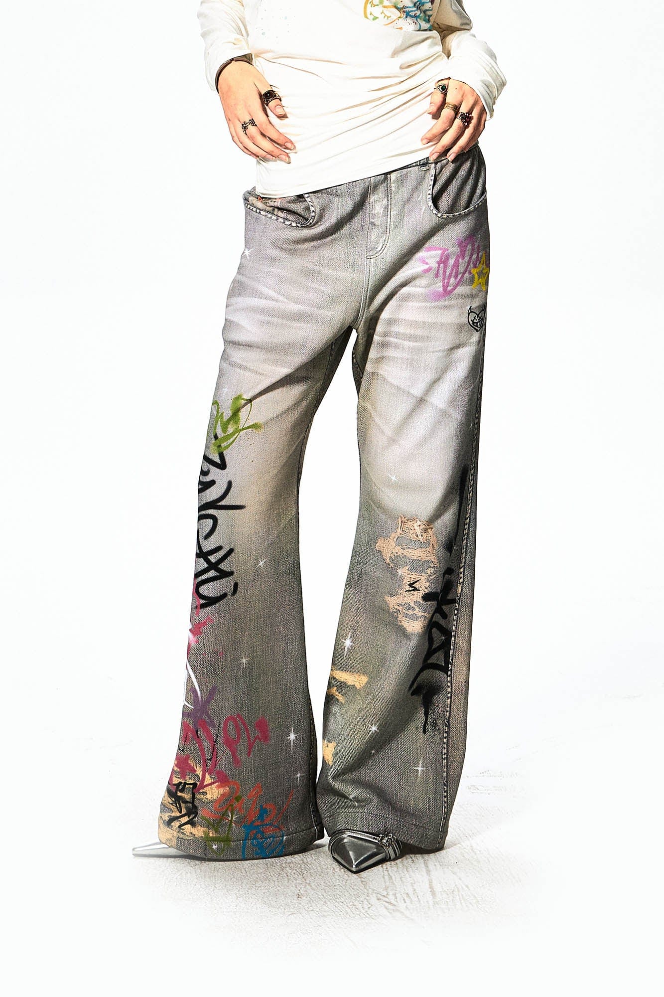 DND4DES×Faychui Distressed Graffiti Flared Pants-Pants-S-Free Shipping Leatheretro