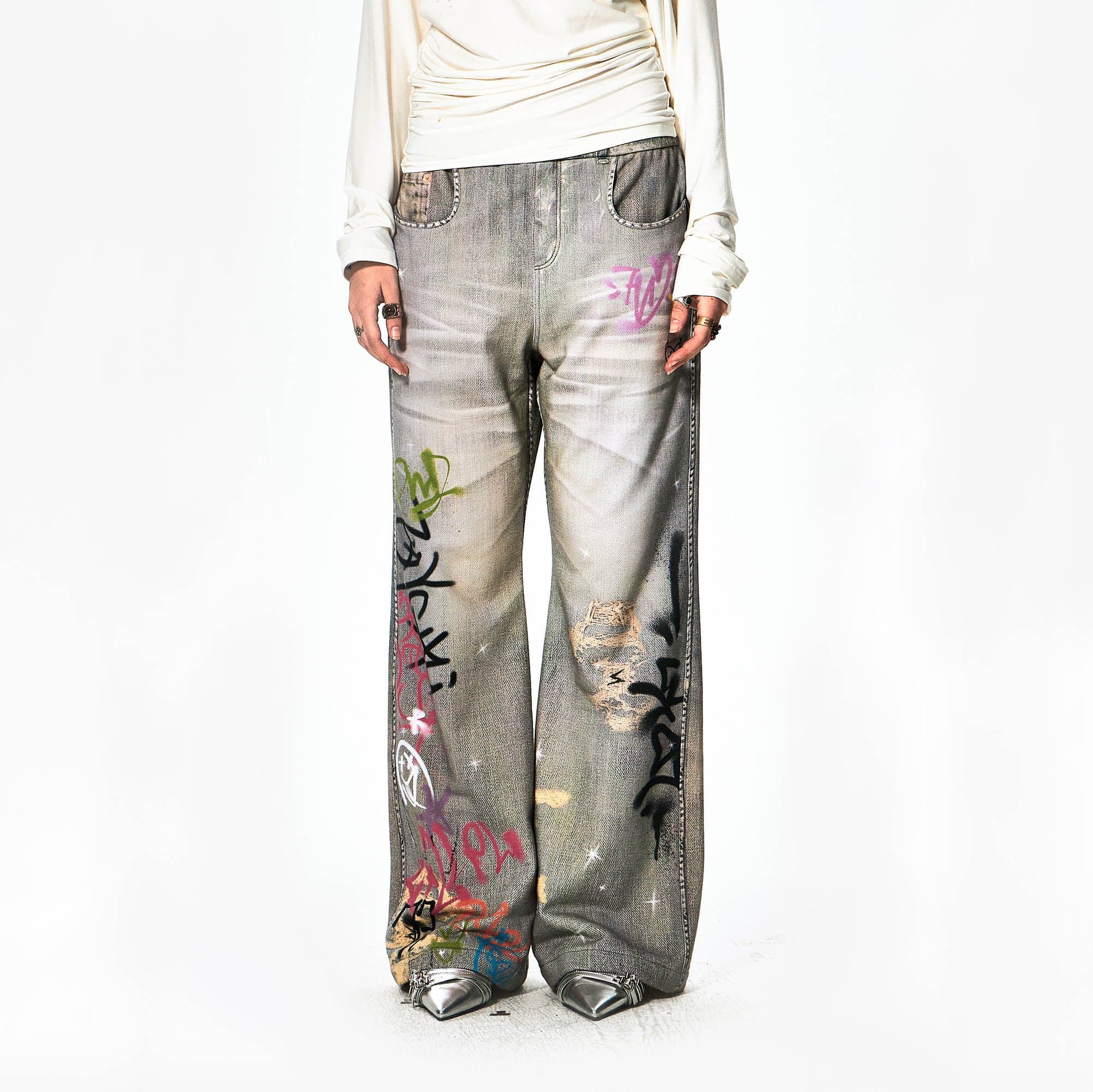 DND4DES×Faychui Distressed Graffiti Flared Pants-Pants-S-Free Shipping Leatheretro
