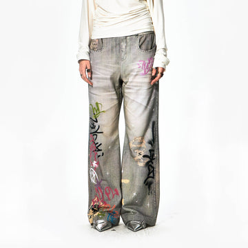 DND4DES×Faychui Distressed Graffiti Flared Pants-Pants-S-Free Shipping Leatheretro