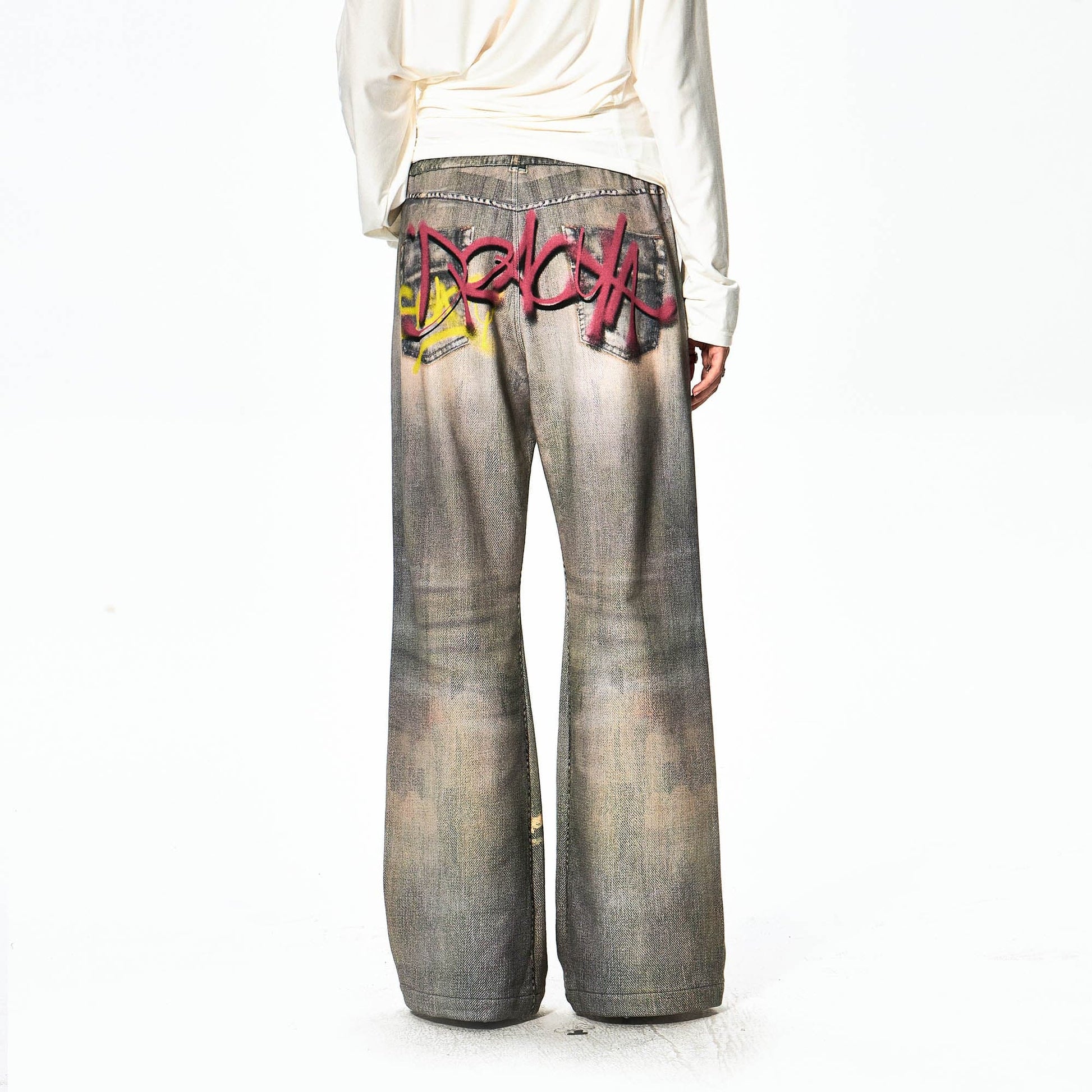 DND4DES×Faychui Distressed Graffiti Flared Pants-Pants-S-Free Shipping Leatheretro