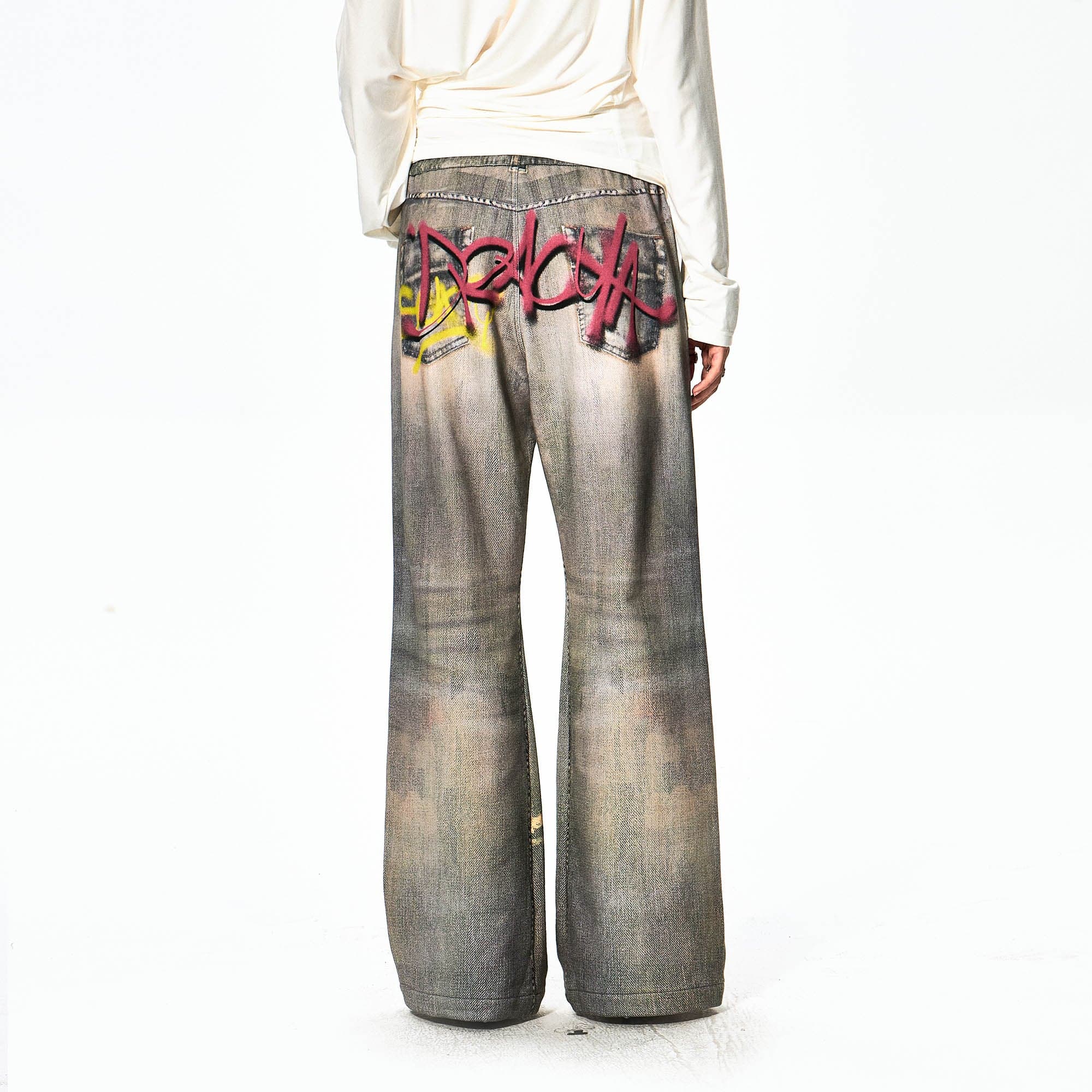 DND4DES×Faychui Distressed Graffiti Flared Pants-Pants-S-Free Shipping Leatheretro