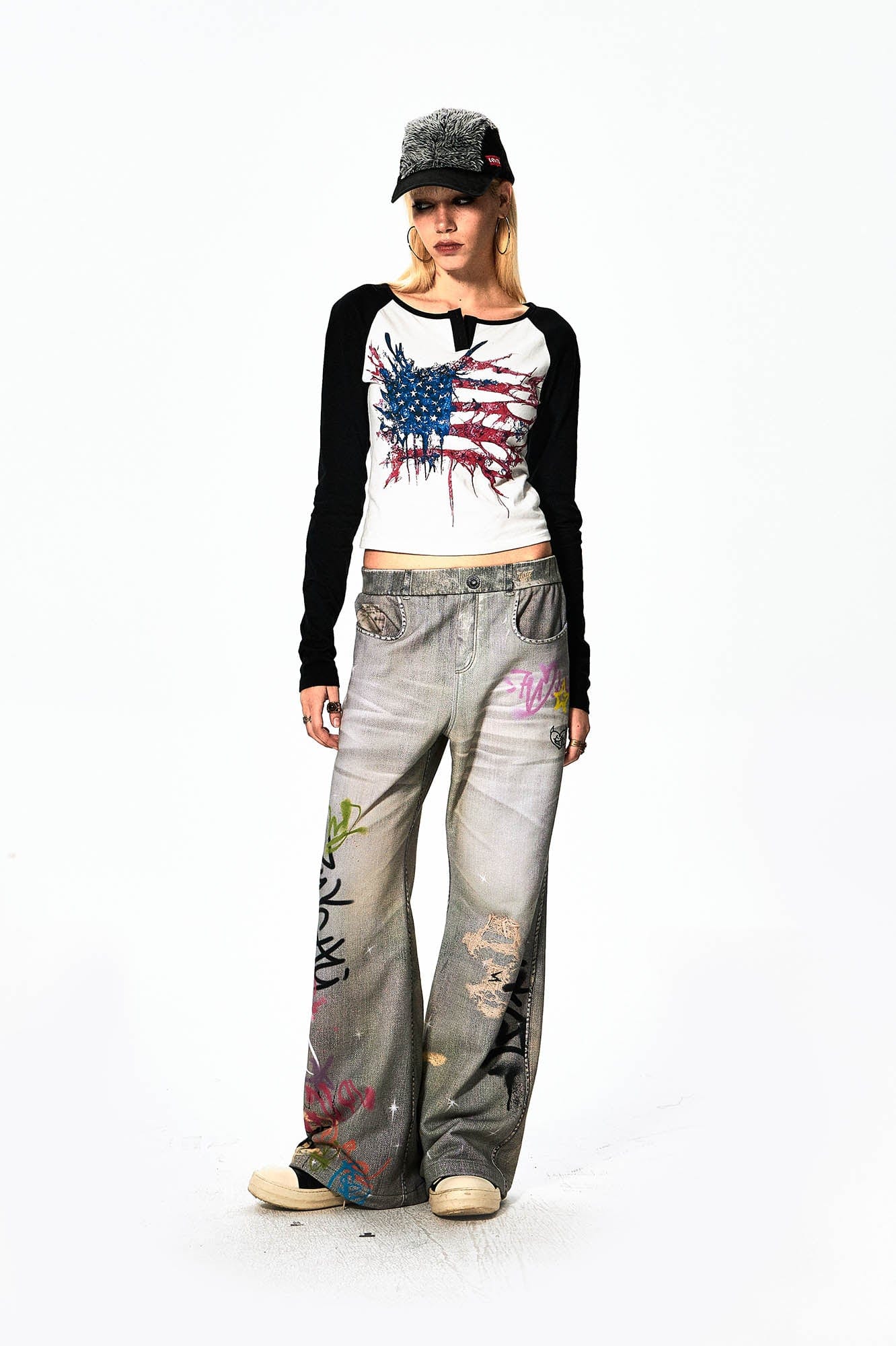 DND4DES×Faychui Distressed Graffiti Flared Pants-Pants-S-Free Shipping Leatheretro