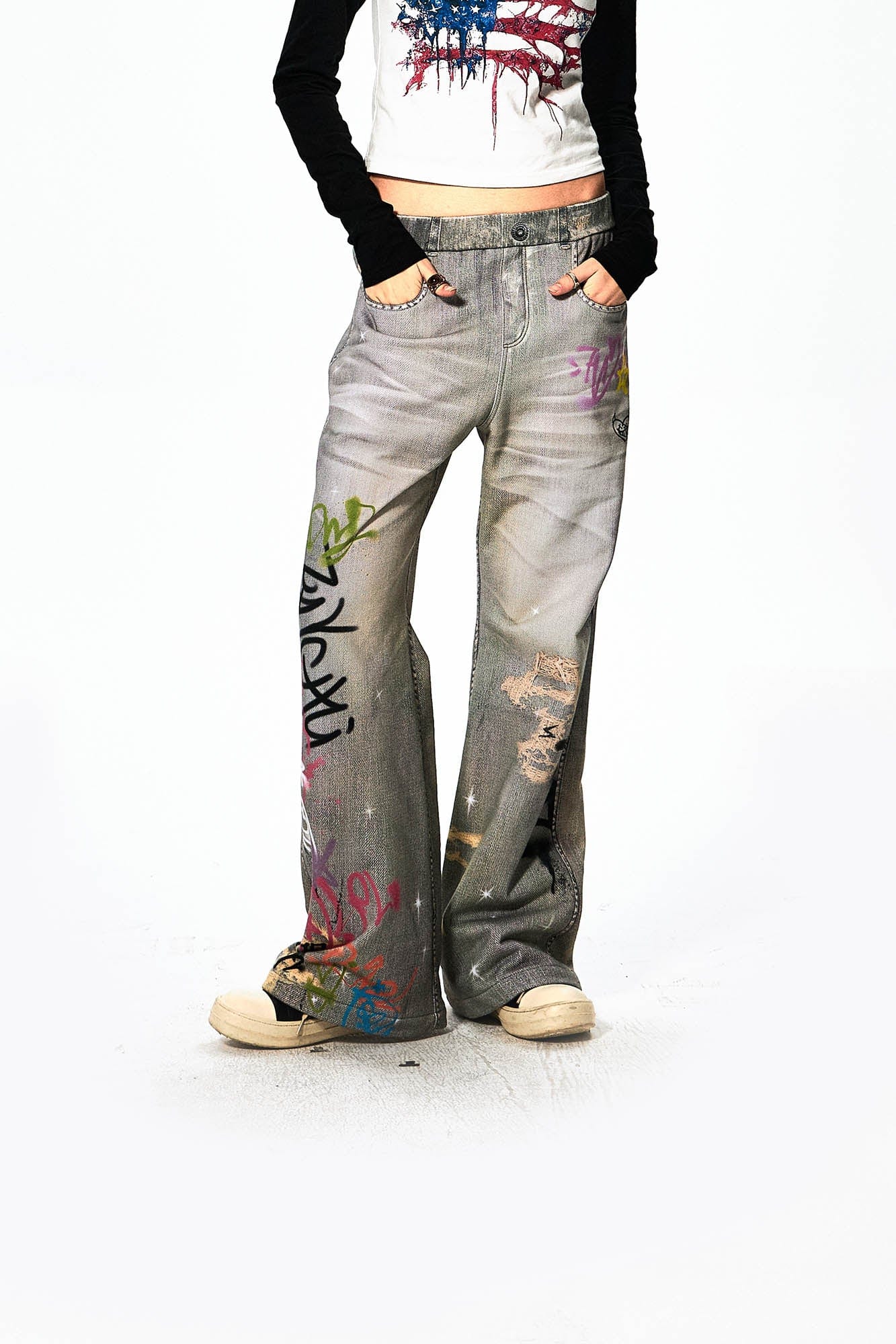 DND4DES×Faychui Distressed Graffiti Flared Pants-Pants-S-Free Shipping Leatheretro