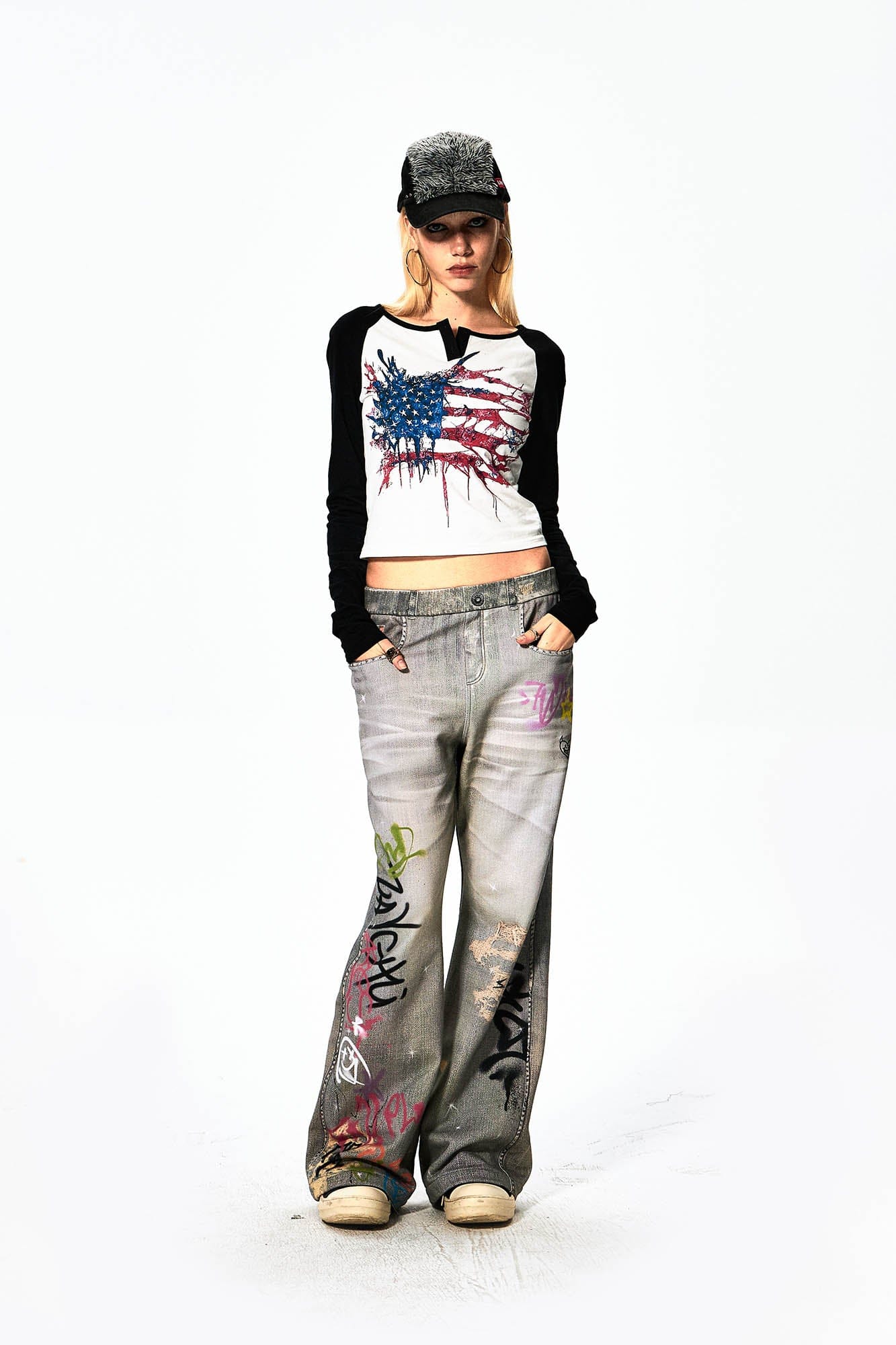 DND4DES×Faychui Distressed Graffiti Flared Pants-Pants-S-Free Shipping Leatheretro