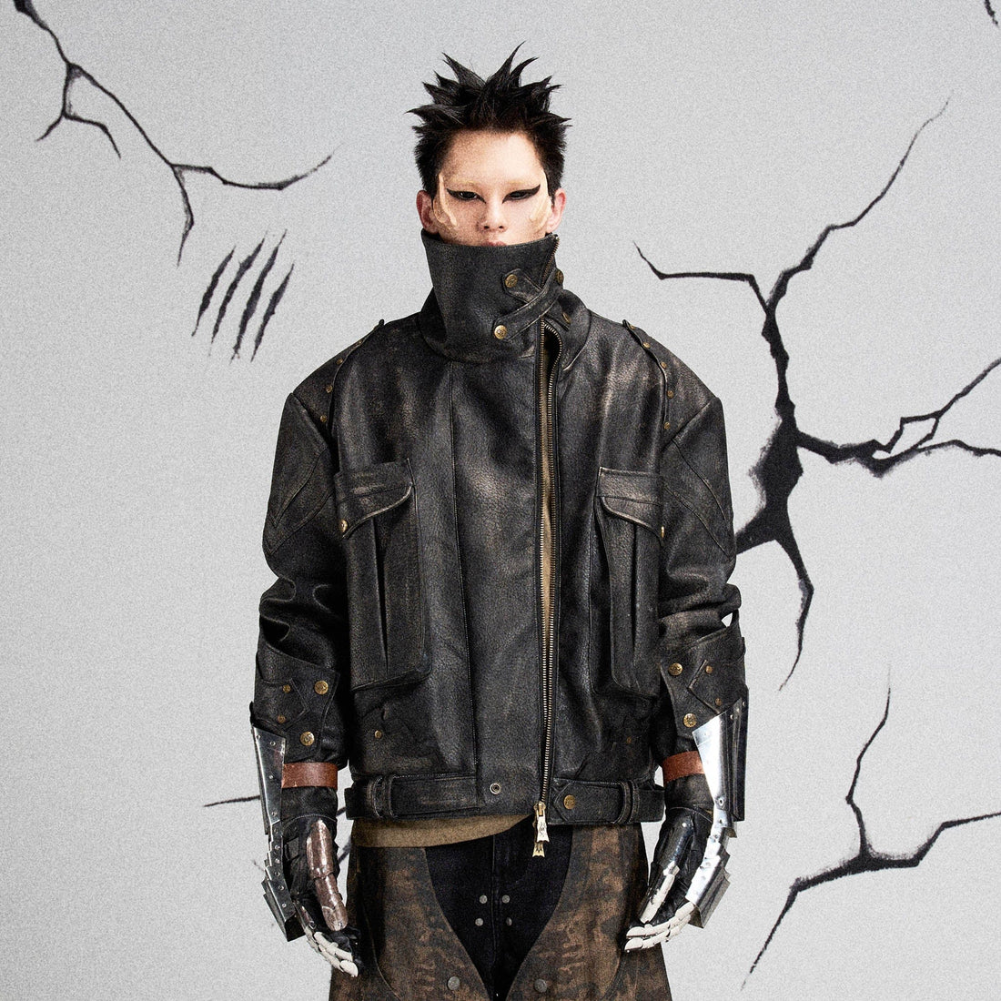 FLYERRER Mutation Knight Armor Distressed High-Collar Faux Leather Jacket-Jacket-S-Free Shipping Leatheretro