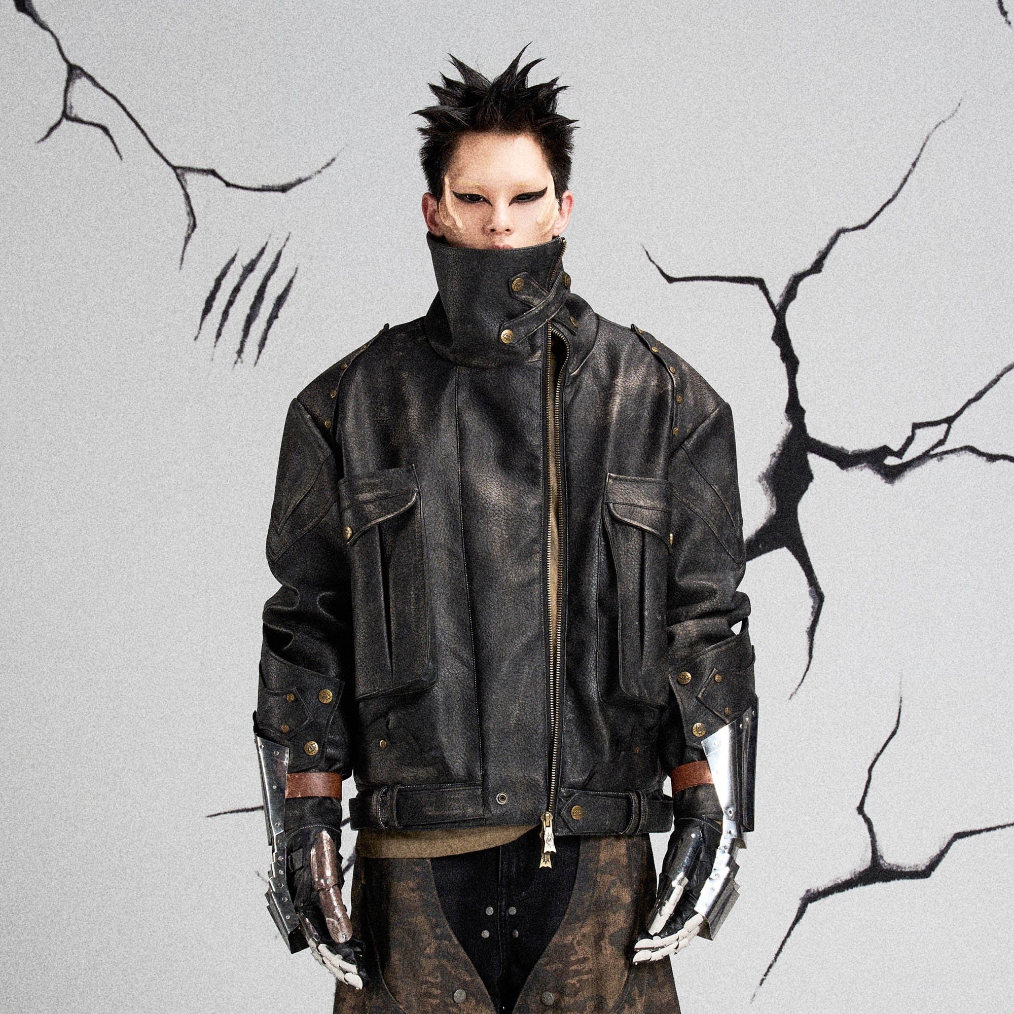 FLYERRER Mutation Knight Armor Distressed High-Collar Faux Leather Jacket-Jacket-S-Free Shipping Leatheretro