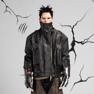 FLYERRER Mutation Knight Armor Distressed High-Collar Faux Leather Jacket-Jacket-S-Free Shipping Leatheretro