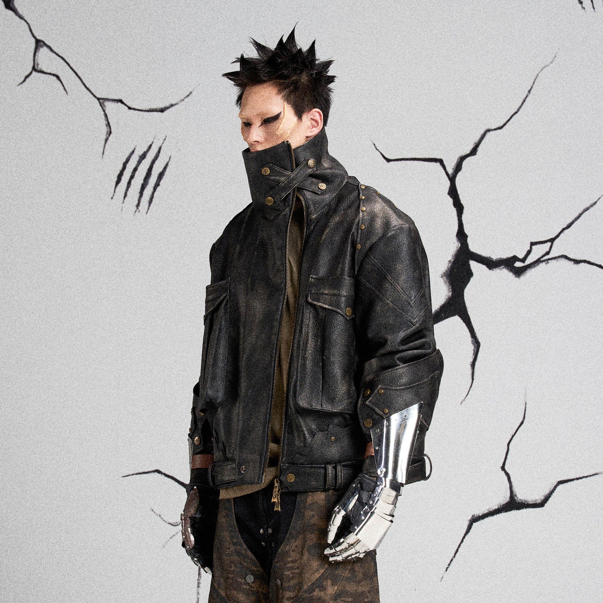 FLYERRER Mutation Knight Armor Distressed High-Collar Faux Leather Jacket-Jacket-S-Free Shipping Leatheretro