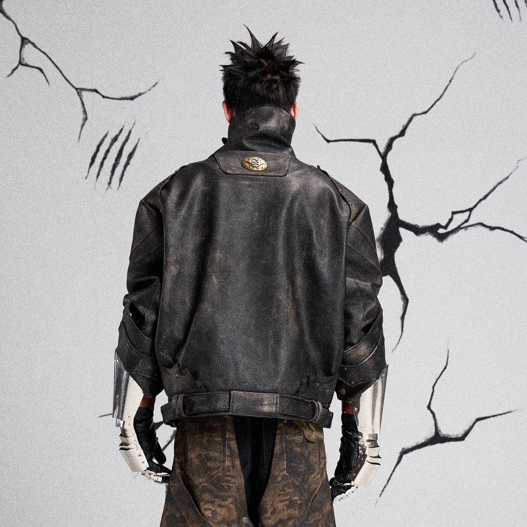 FLYERRER Mutation Knight Armor Distressed High-Collar Faux Leather Jacket-Jacket-S-Free Shipping Leatheretro