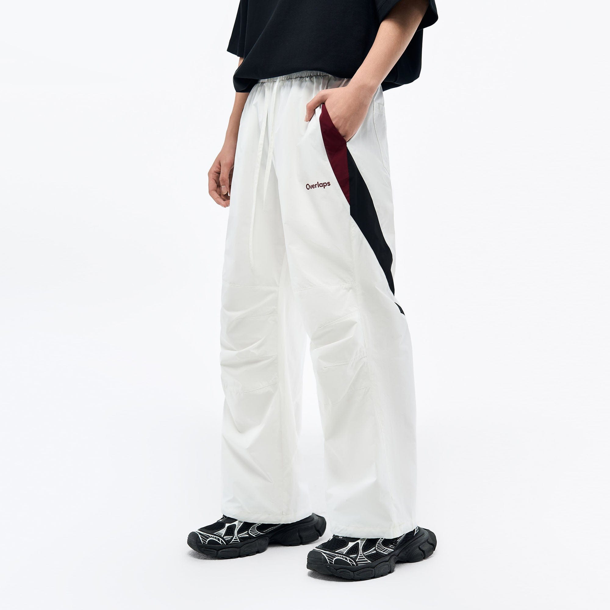 OVERLAPS Contrast Panel Crinkled-Knee Track Pants-Pants-S-Free Shipping Leatheretro