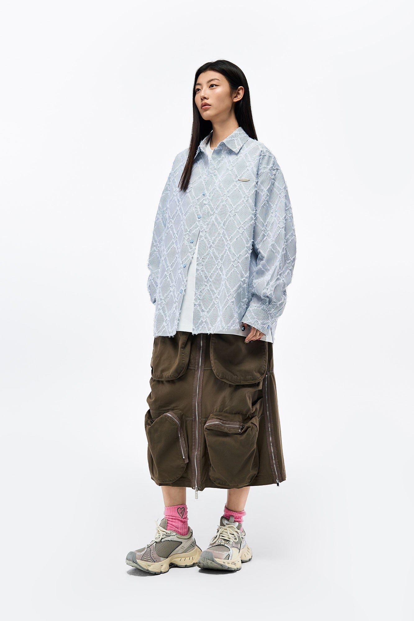 OVERLAPS Frayed Diamond Stripe Overshirt-Shirt-S-Free Shipping Leatheretro