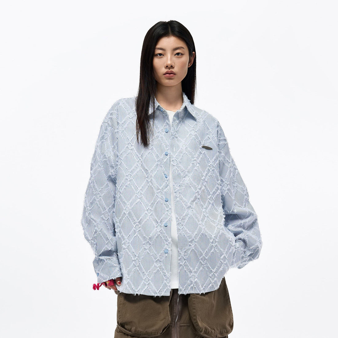 OVERLAPS Frayed Diamond Stripe Overshirt-Shirt-S-Free Shipping Leatheretro