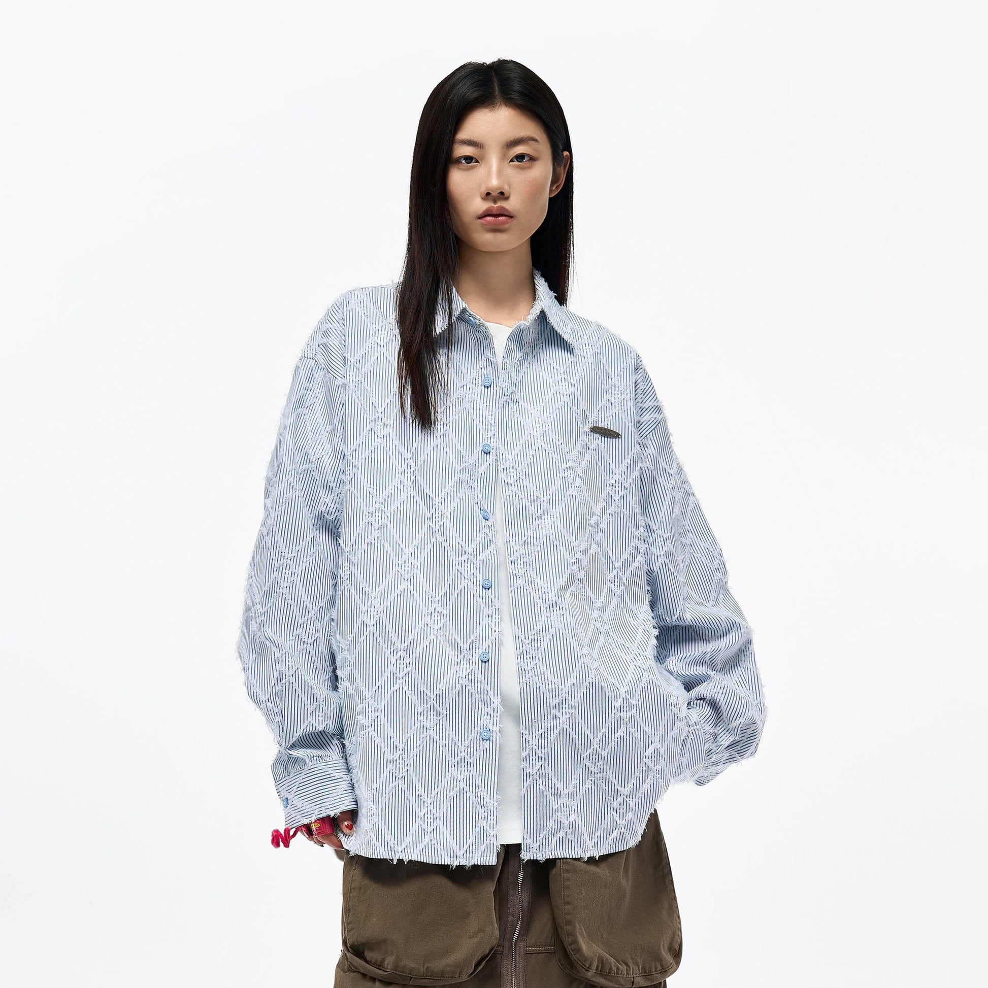 OVERLAPS Frayed Diamond Stripe Overshirt-Shirt-S-Free Shipping Leatheretro