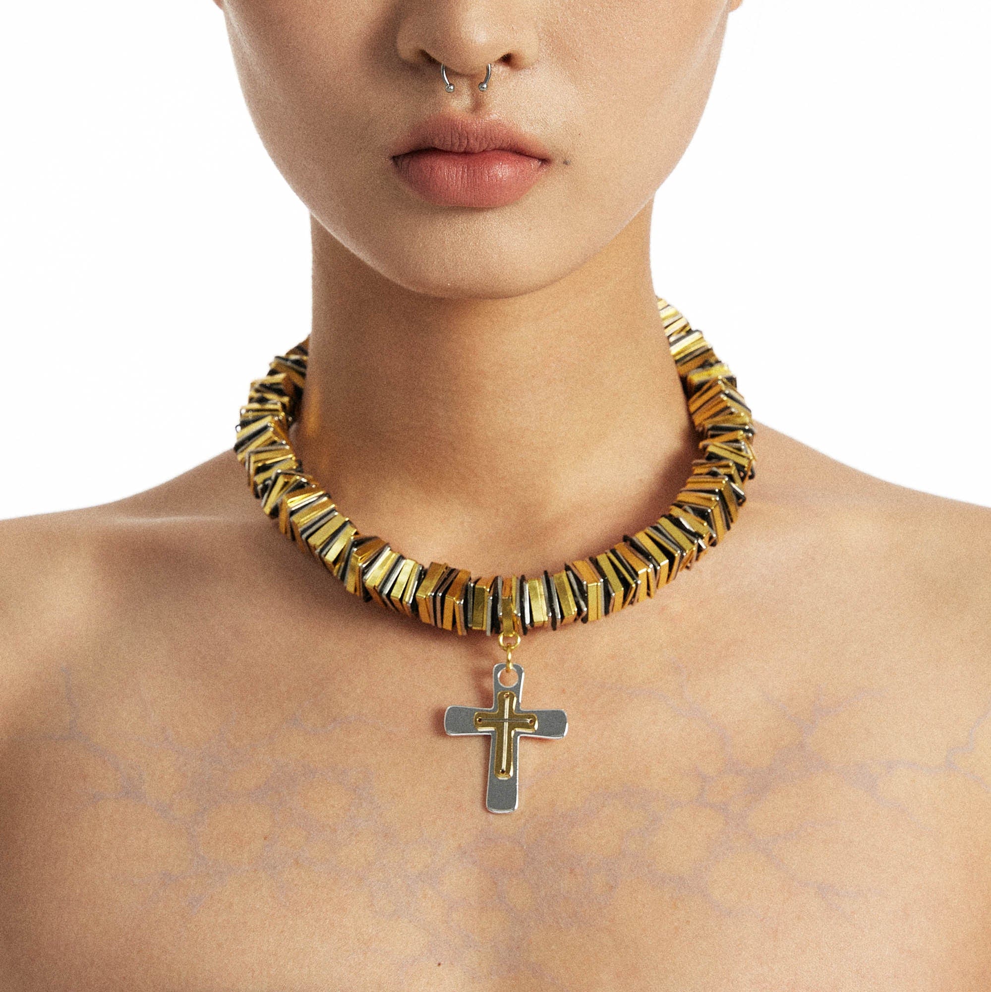 SCHWARZGOLD Two-Tone Threaded Cross Necklace-Necklace-One Size (Adjustable)-Free Shipping Leatheretro