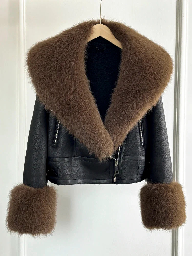 Women Faux Fur Collar Street Style Leather Jacket-Coats & Jackets-Brown Faux SleeveFur-XS-Free Shipping Leatheretro