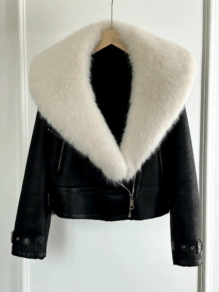 Women Faux Fur Collar Street Style Leather Jacket-Coats & Jackets-Beige Faux Fur-XS-Free Shipping Leatheretro