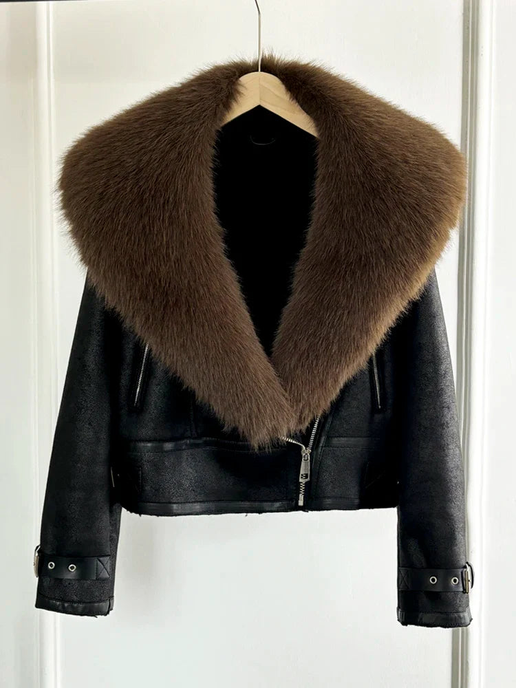 Women Faux Fur Collar Street Style Leather Jacket-Coats & Jackets-Brown Faux Fur-XS-Free Shipping Leatheretro