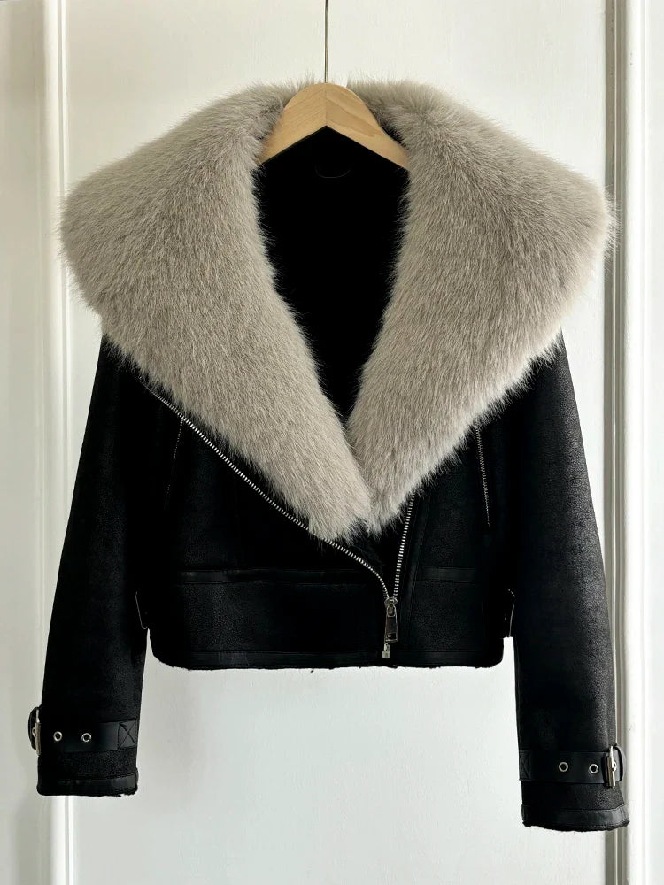 Women Faux Fur Collar Street Style Leather Jacket-Coats & Jackets-Gray Faux Fur-XS-Free Shipping Leatheretro