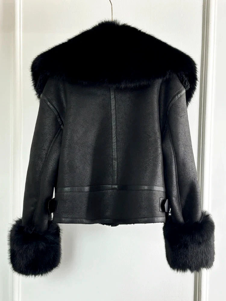 Women Faux Fur Collar Street Style Leather Jacket-Coats & Jackets-Gray Faux Fur-XS-Free Shipping Leatheretro