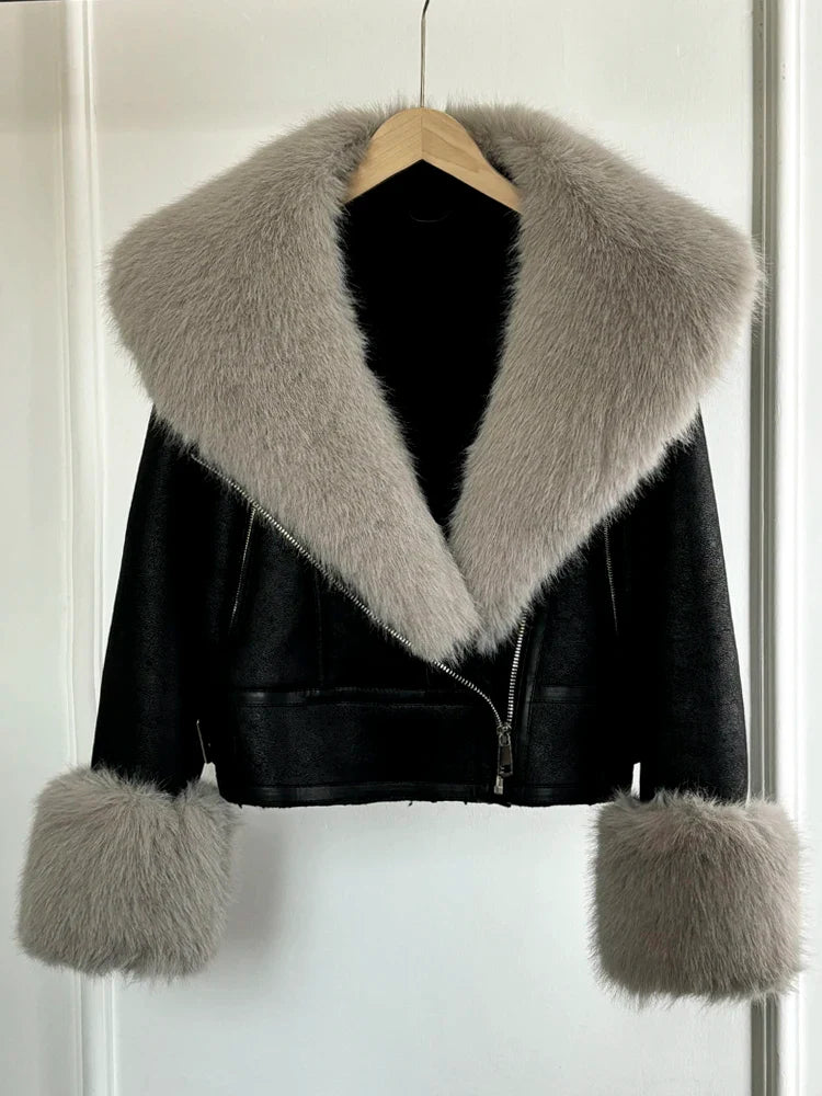 Women Faux Fur Collar Street Style Leather Jacket-Coats & Jackets-Gray Faux Sleeve Fur-XS-Free Shipping Leatheretro