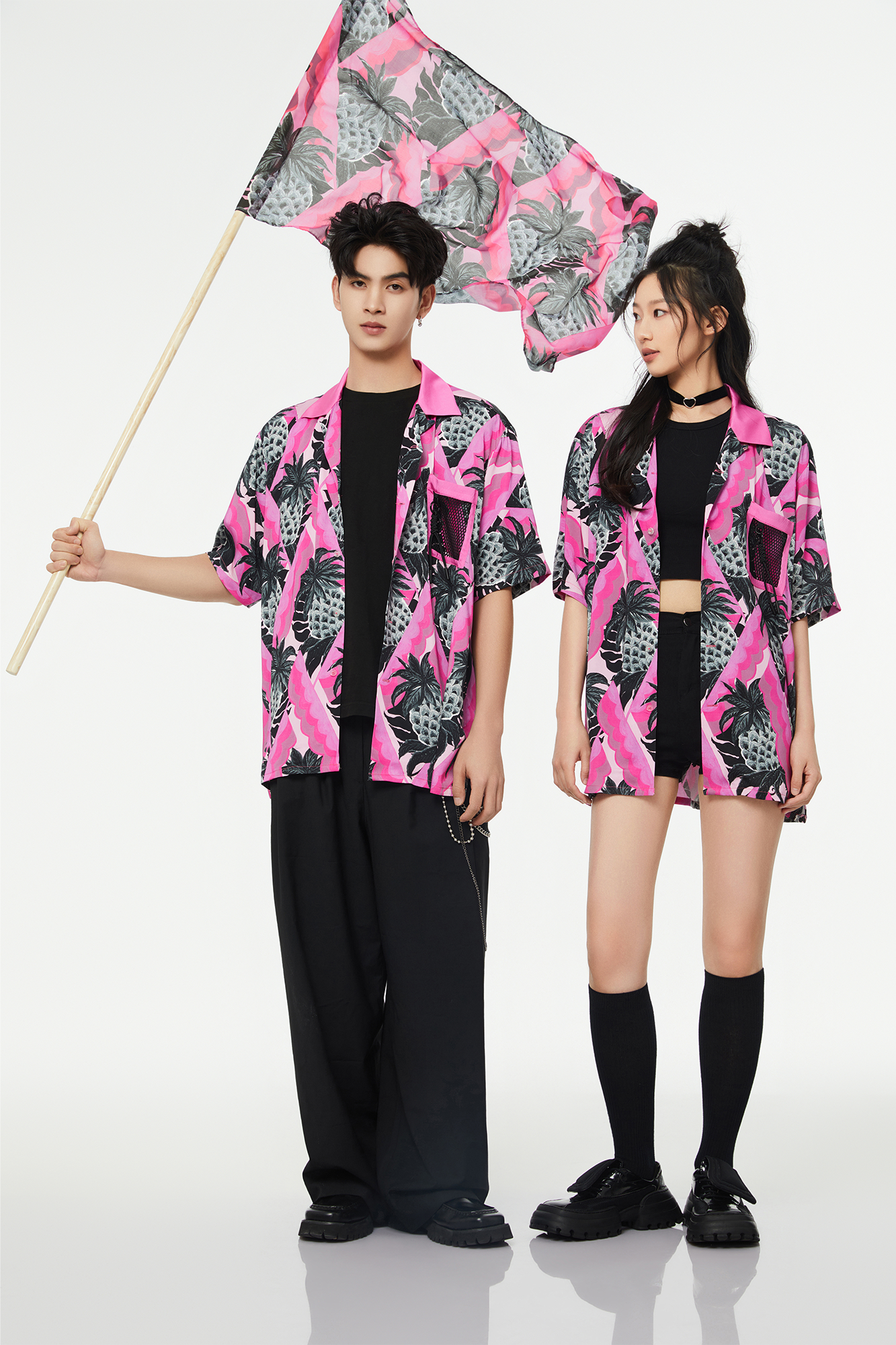 MASH UP ASIA Hawaiian Pineapple Graphic Half Shirt Black-Half shirt-S-Free Shipping Leatheretro