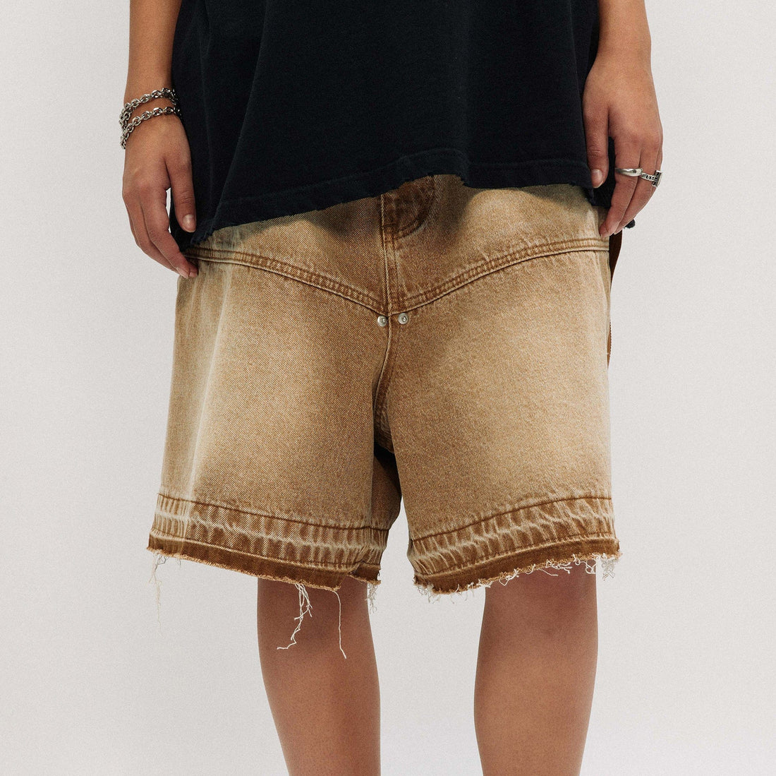 OVDY Retro Faded Spliced Raw Edge Shorts-Shorts-S-Free Shipping Leatheretro