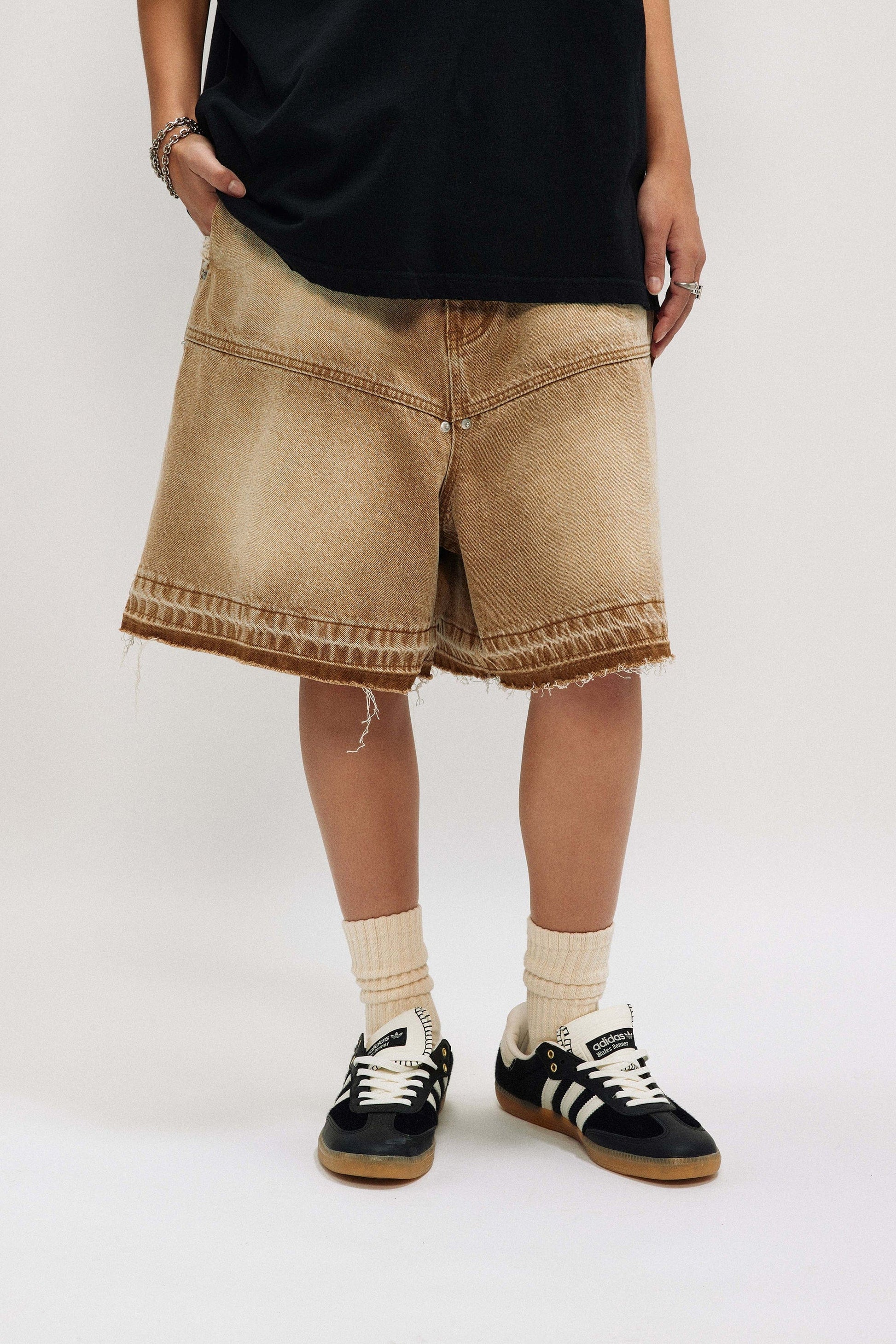 OVDY Retro Faded Spliced Raw Edge Shorts-Shorts-S-Free Shipping Leatheretro