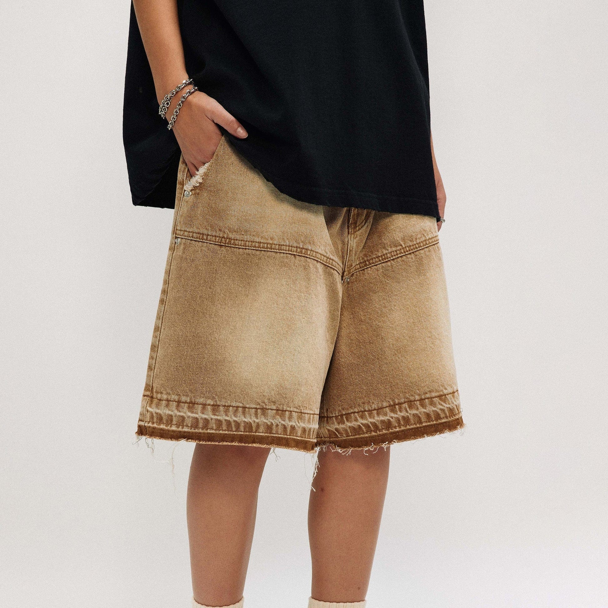 OVDY Retro Faded Spliced Raw Edge Shorts-Shorts-S-Free Shipping Leatheretro