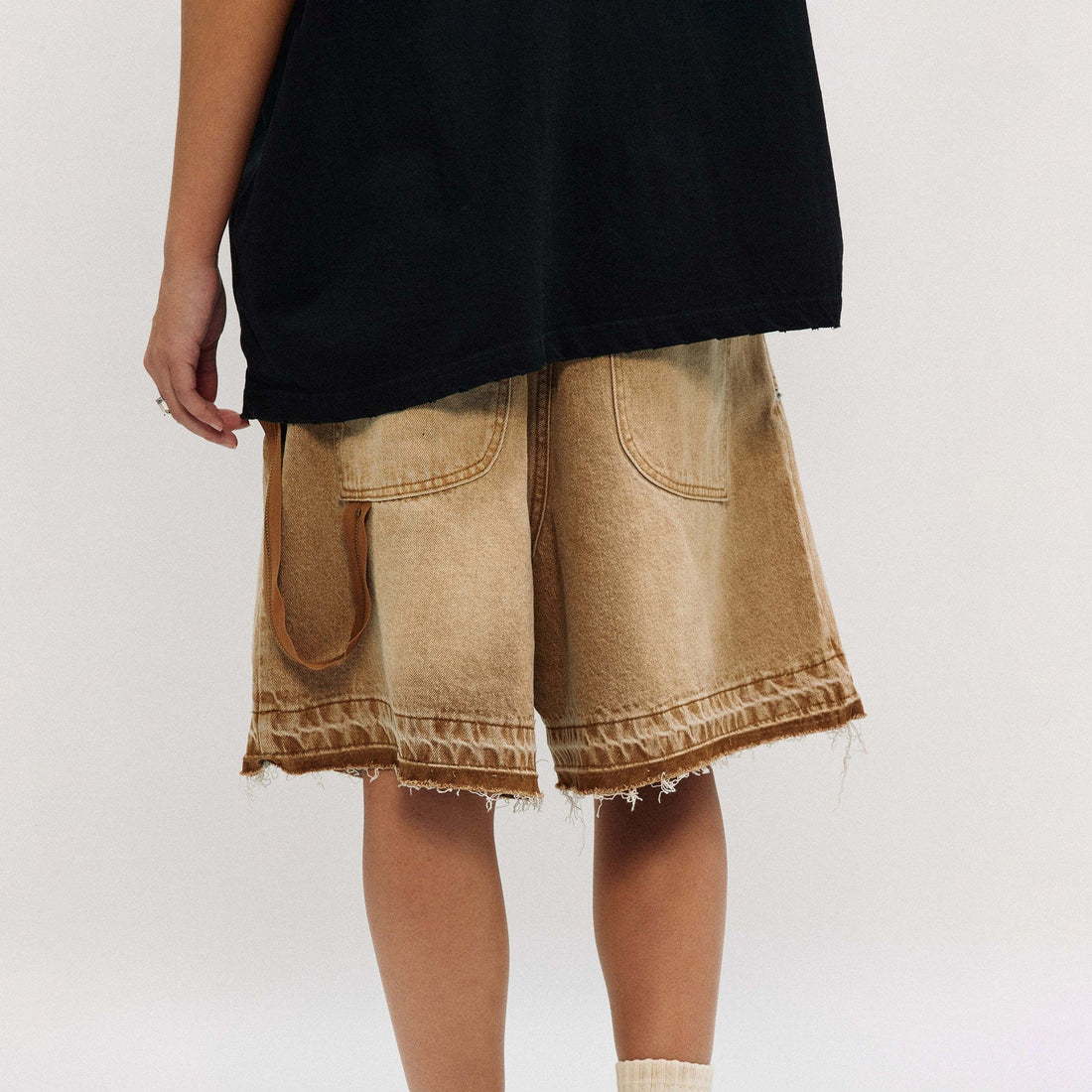 OVDY Retro Faded Spliced Raw Edge Shorts-Shorts-S-Free Shipping Leatheretro