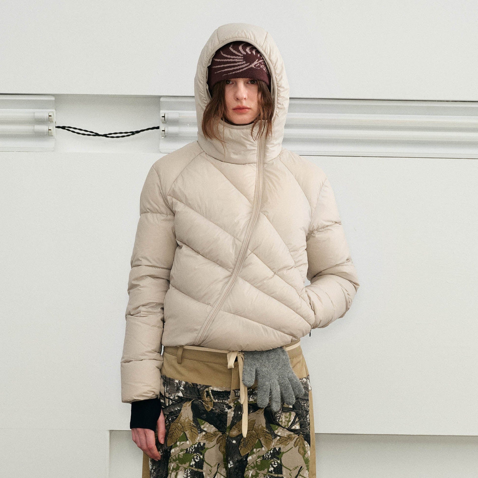 KREATE Asymmetrical Quilted Hooded Down Jacket-Jacket-S-Apricot-Free Shipping Leatheretro