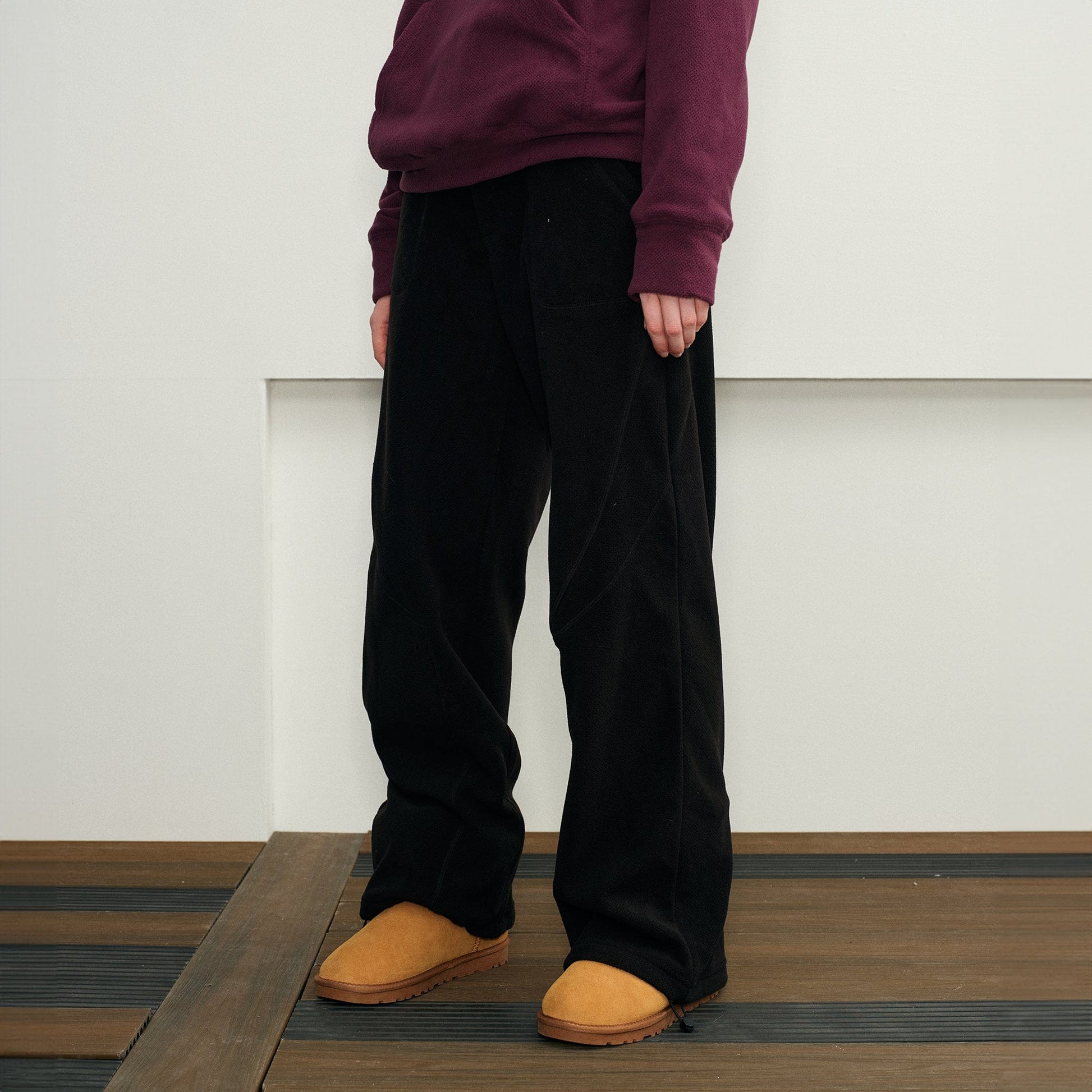 KREATE Curved Seam Thermal Wide-Leg Pants-Pants-S-Black-Free Shipping Leatheretro