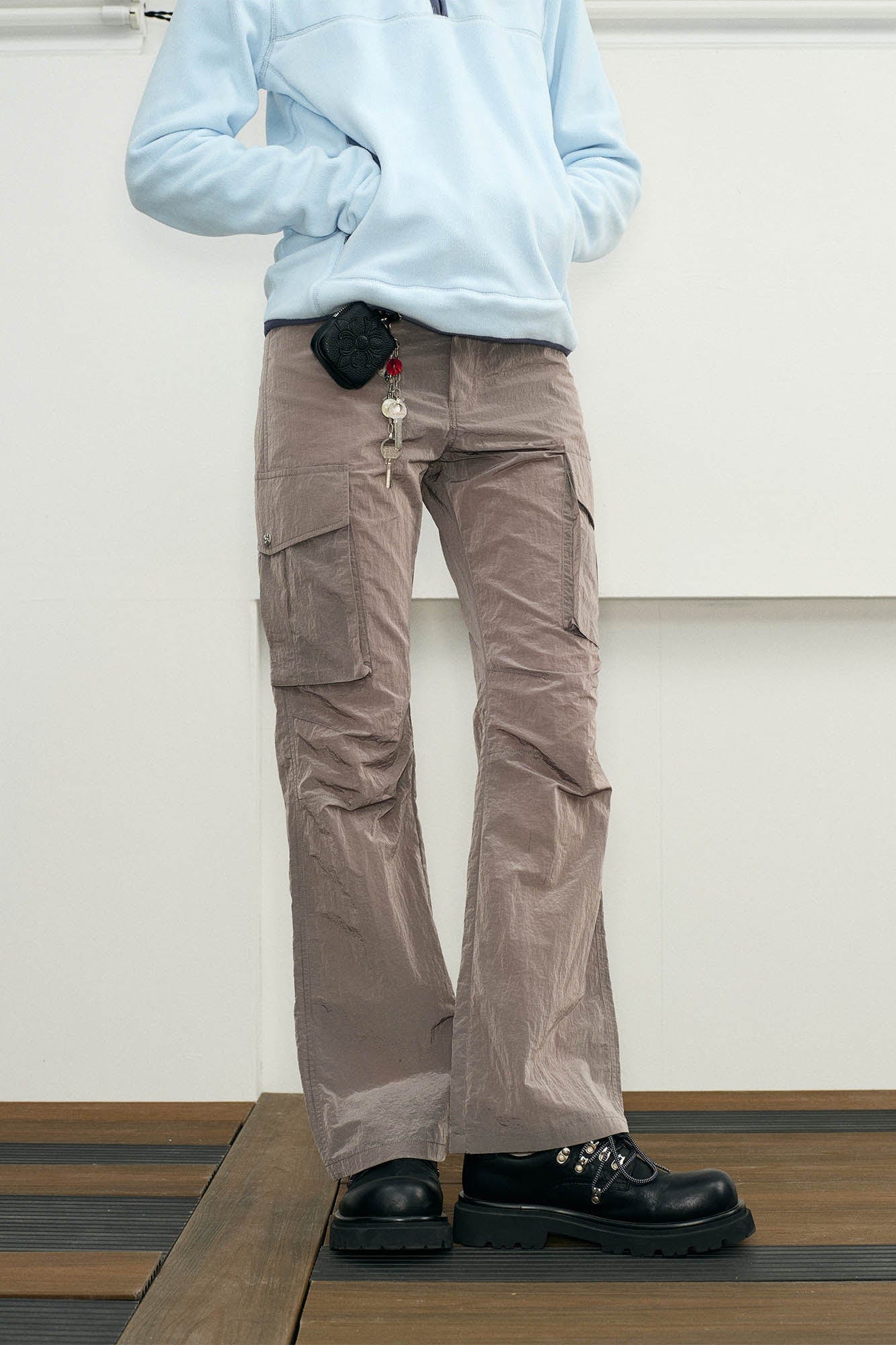 KREATE Liquid Metal Crinkled Flared Cargo-Pants-S-Grey-Free Shipping Leatheretro