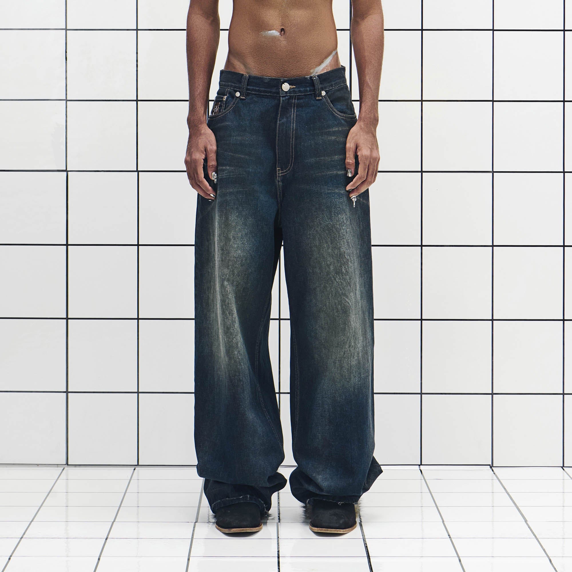 455EMBLE Washed PU-Pocket Baggy Jeans-Jeans-M-Free Shipping Leatheretro