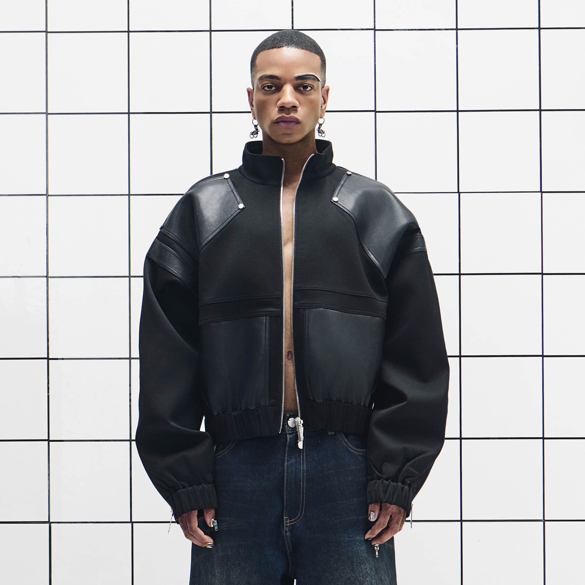 455EMBLE Faux Leather Spliced Multi-Zip Stand Collar Jacket-Jacket-M-Free Shipping Leatheretro