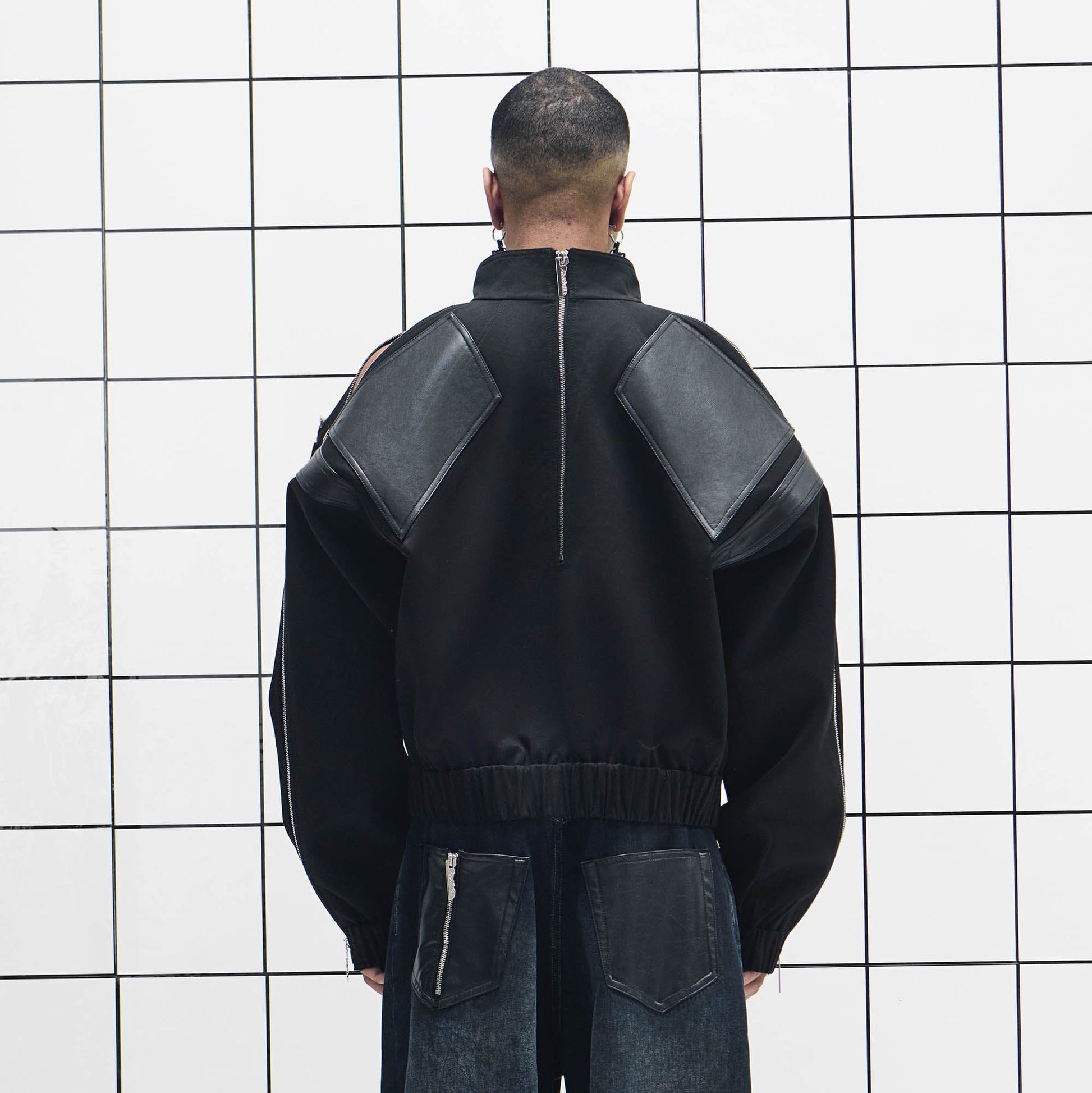 455EMBLE Faux Leather Spliced Multi-Zip Stand Collar Jacket-Jacket-M-Free Shipping Leatheretro