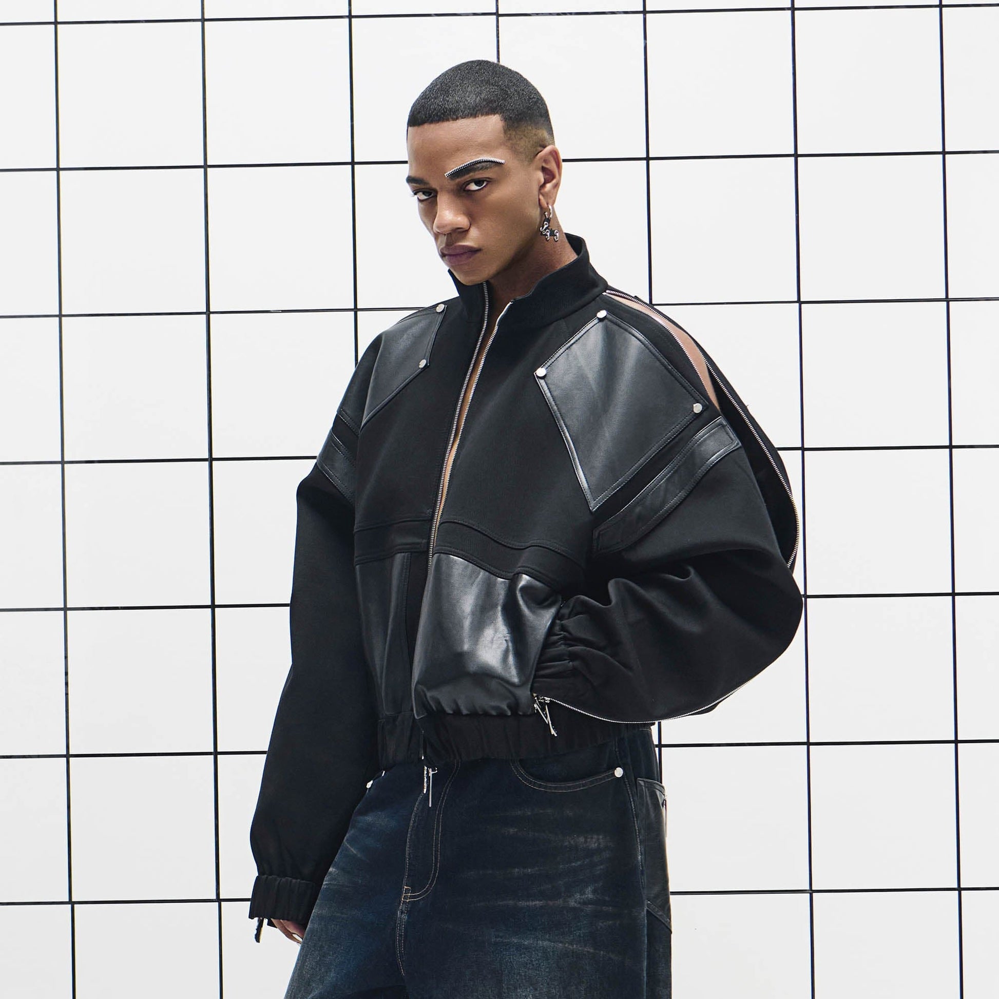 455EMBLE Faux Leather Spliced Multi-Zip Stand Collar Jacket-Jacket-M-Free Shipping Leatheretro