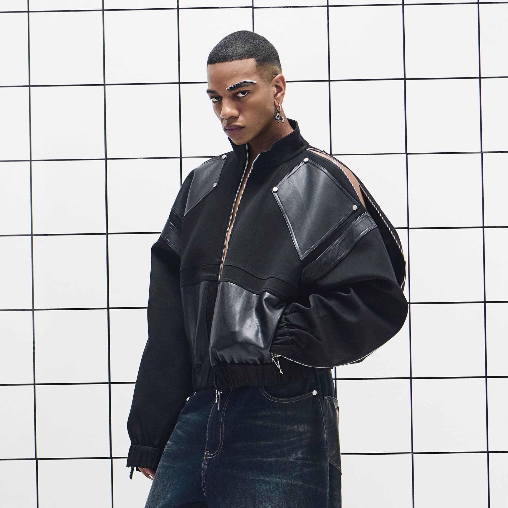 455EMBLE Faux Leather Spliced Multi-Zip Stand Collar Jacket-Jacket-M-Free Shipping Leatheretro