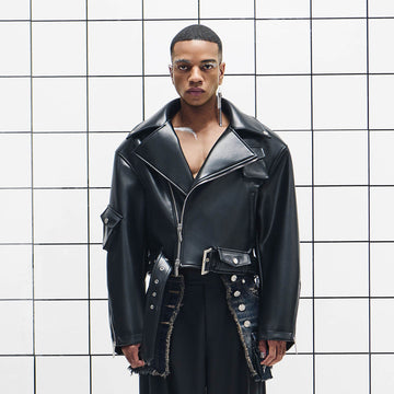 455EMBLE Asymmetrical Back-Zip Cropped PU Biker Jacket-Jacket-M-Free Shipping Leatheretro