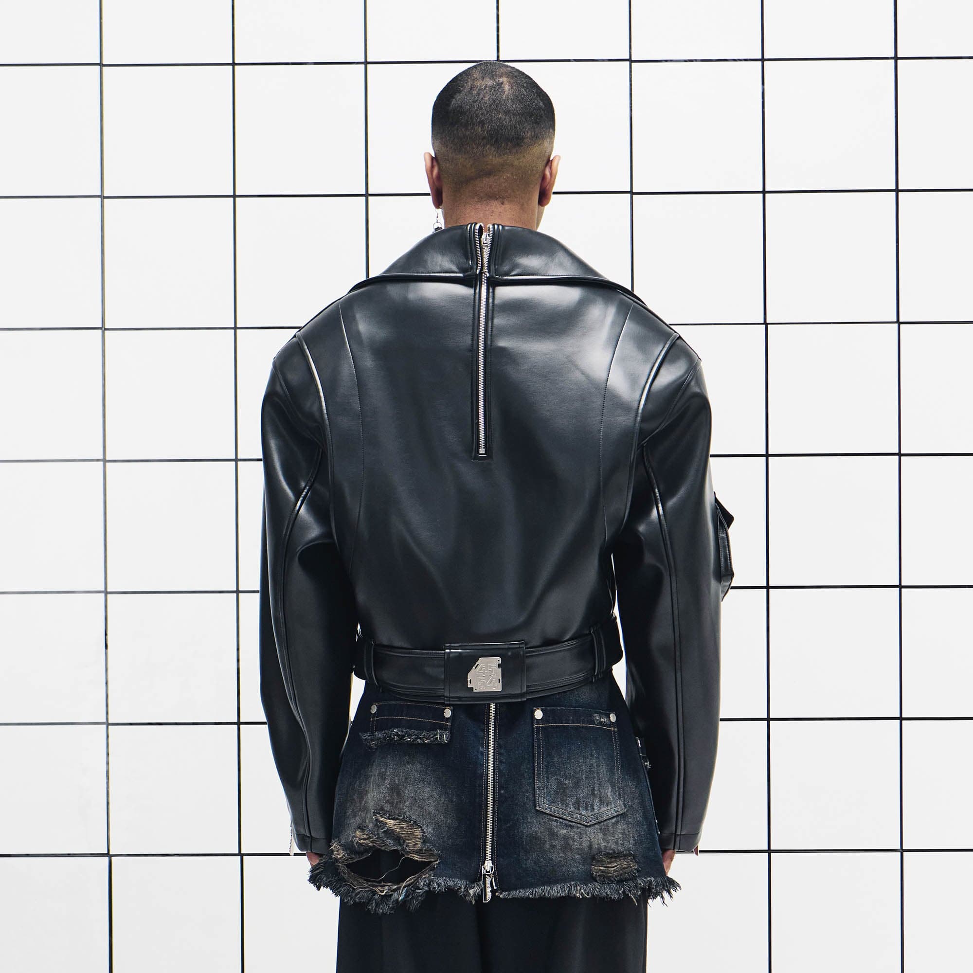 455EMBLE Asymmetrical Back-Zip Cropped PU Biker Jacket-Jacket-M-Free Shipping Leatheretro