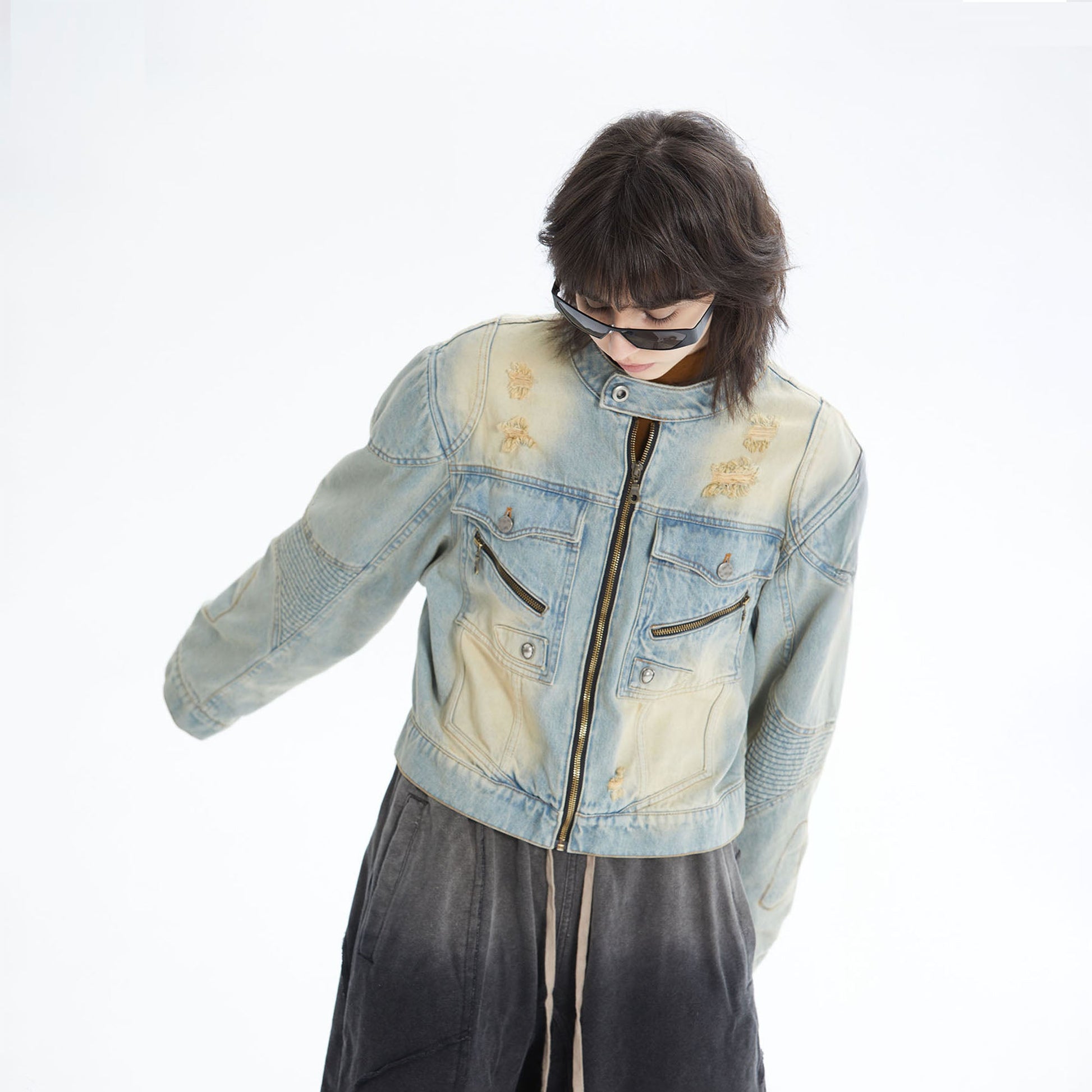 ERROR CODE ROBOT Distressed Washed Cropped Biker Denim Jacket-Jacket-S-Free Shipping Leatheretro