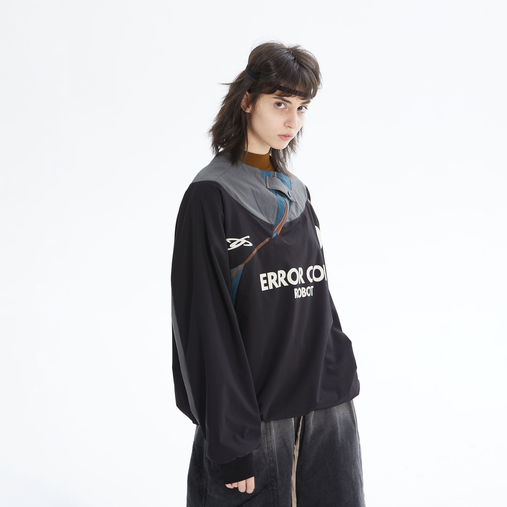ERROR CODE ROBOT Asymmetric Zip Contrast Panel Sweatshirt-Sweatshirt-S-Free Shipping Leatheretro