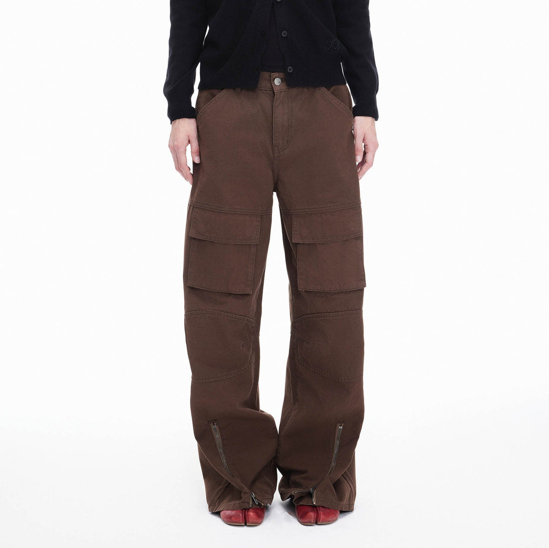 ARTIFICIAL WORLD Zip-Hem Multi-Pocket Wide-Leg Cargo-Jeans-S-Free Shipping Leatheretro